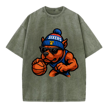 Philly Pitbull wearing Sixers beanie with Liberty Bell and wayfarer sunglasses - Vintage T-shirt - Army Green