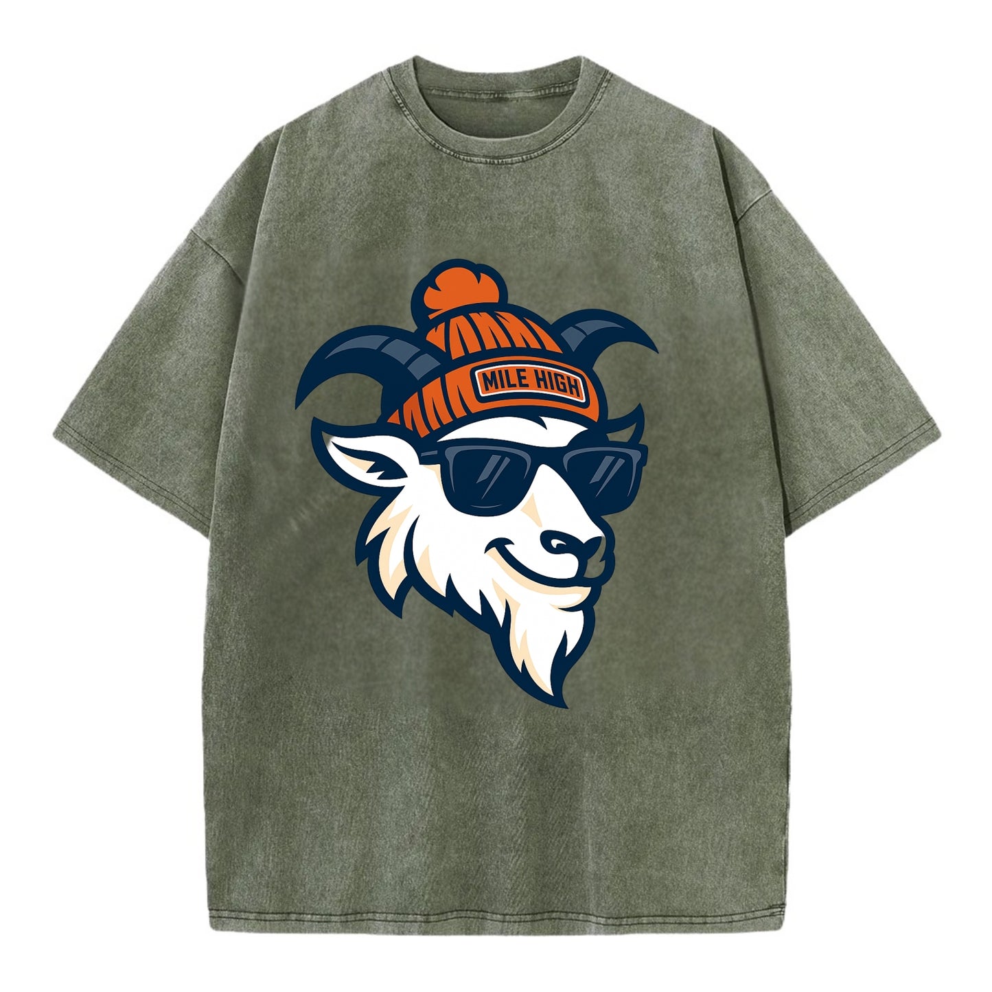 Denver Mountain Goat wearing Broncos beanie with Mile High patch and wayfarer - Vintage T-shirt - Army Green