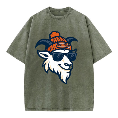 Denver Mountain Goat wearing Broncos beanie with Mile High patch and wayfarer - Vintage T-shirt - Army Green