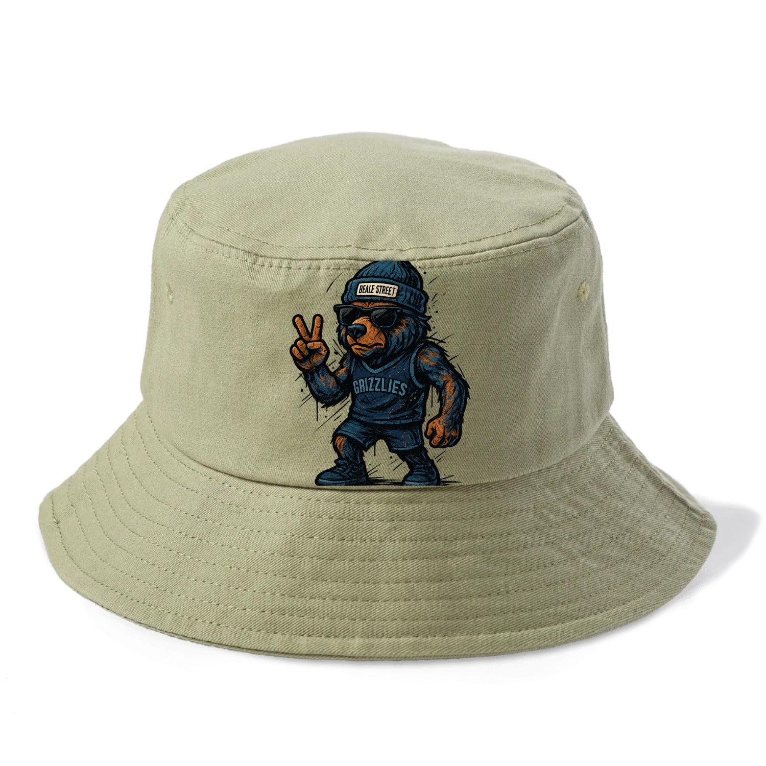 Memphis Grizzly Bear wearing Grizzlies navy and light blue beanie with Beale Street - Bucket Hat - Army Green