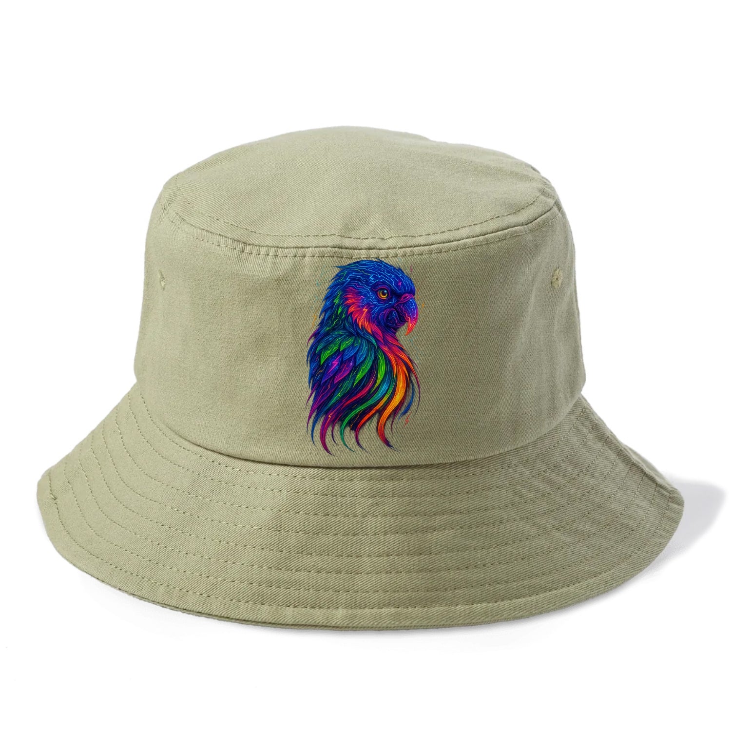 Vibrant parrot with feathers flowing into tropical rainbow streams, every color of the - Bucket Hat - Army Green
