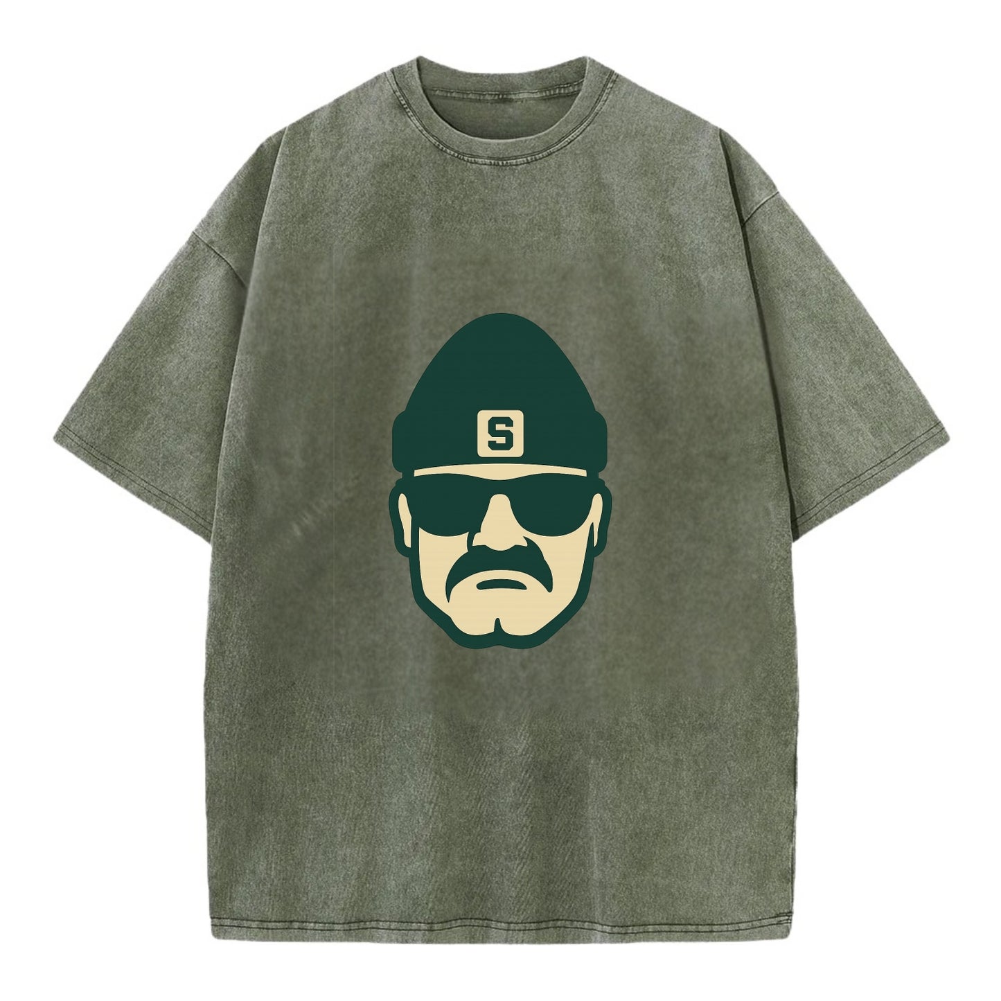 East Lansing Spartan wearing Michigan State beanie with S patch - Vintage T-shirt - Army Green