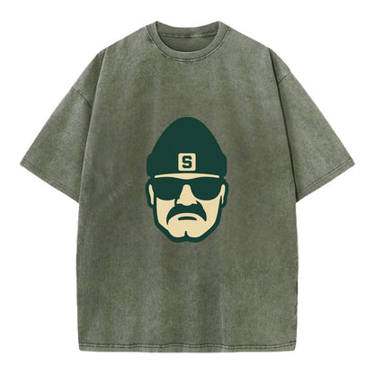 East Lansing Spartan wearing Michigan State beanie with S patch - Vintage T-shirt - Army Green