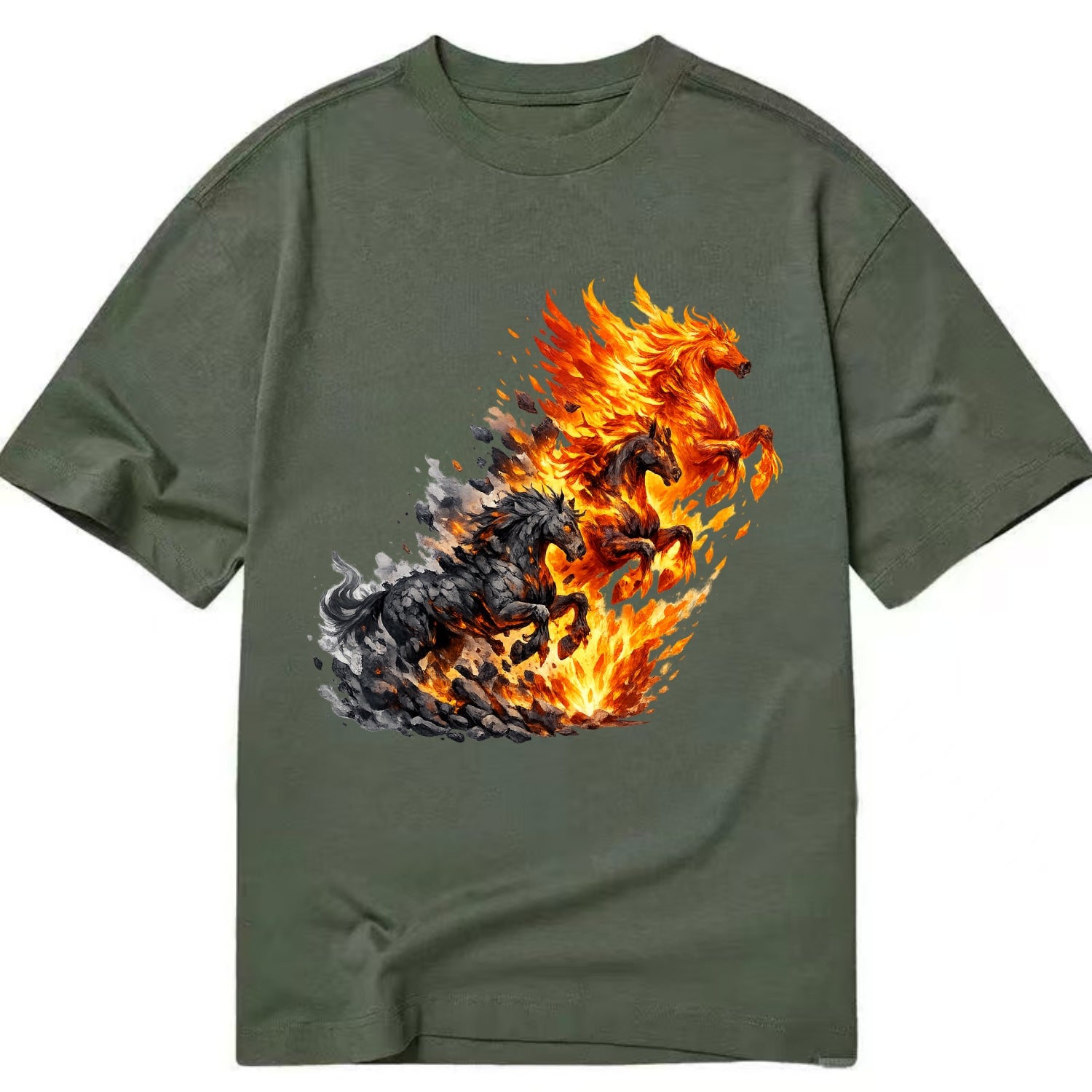 INFERNO STALLION | Horse made entirely of living flames | Blazing mane and tail | - Classic T-shirt - Army Green