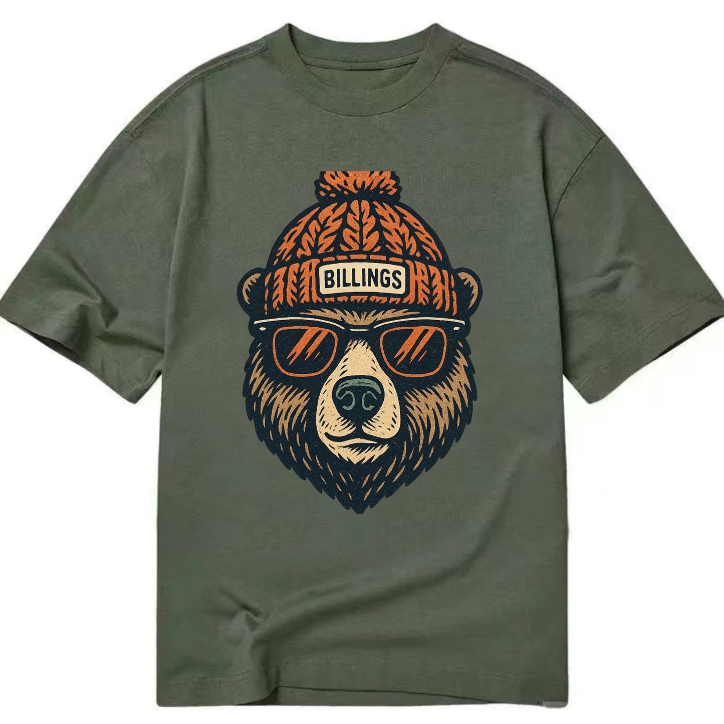 Montana Grizzly Bear wearing Billings beanie with pom pom and wayfarer sunglasses - Classic T-shirt - Army Green