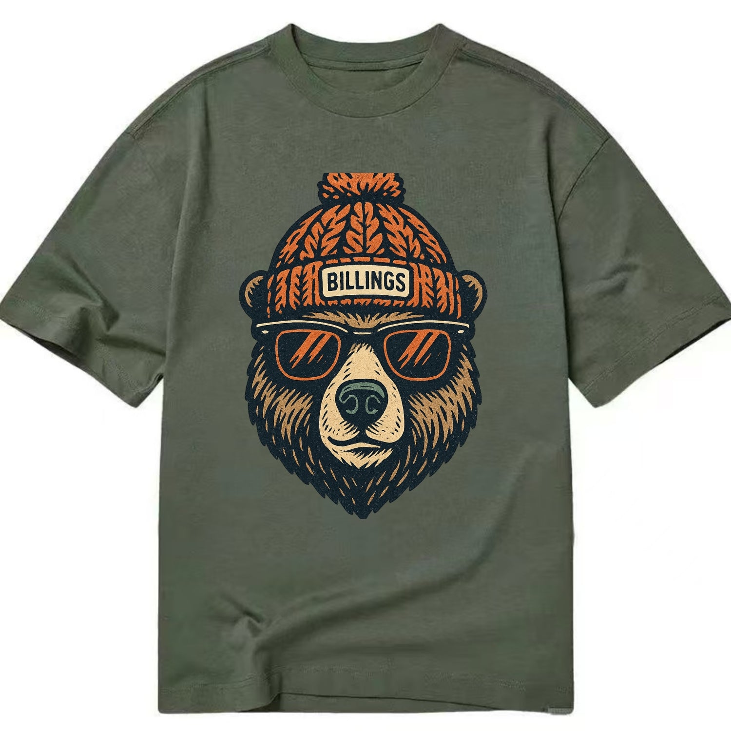Montana Grizzly Bear wearing Billings beanie with pom pom and wayfarer sunglasses - Classic T-shirt - Army Green