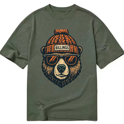 Montana Grizzly Bear wearing Billings beanie with pom pom and wayfarer sunglasses - Classic T-shirt - Army Green