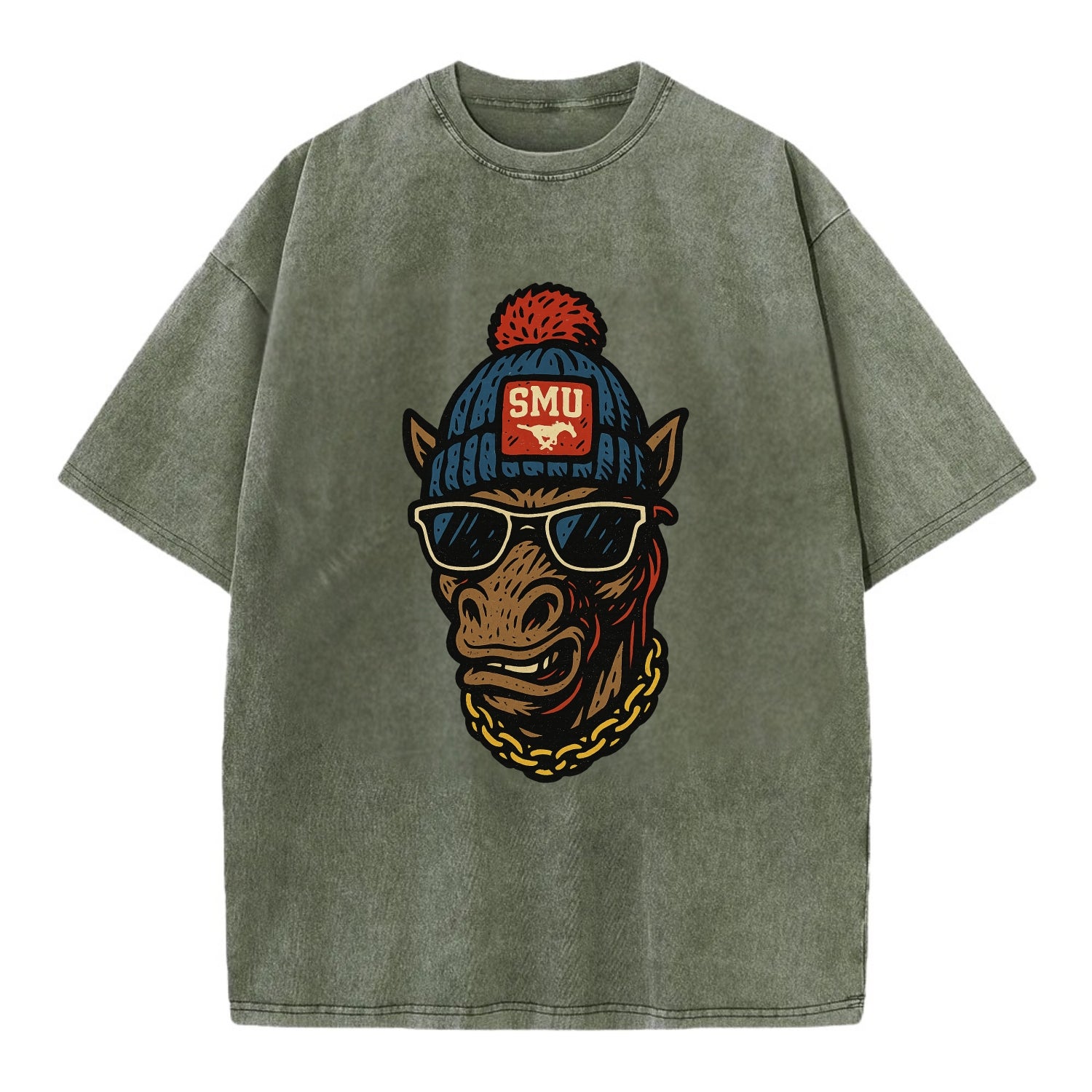 Dallas Mustang wearing SMU beanie with pony patch - Vintage T-shirt - Army Green