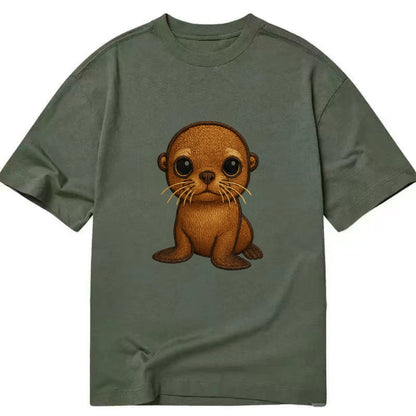 Baby California Sea Lion - golden brown, large expressive eyes, whiskers, - Classic T-shirt - Army Green