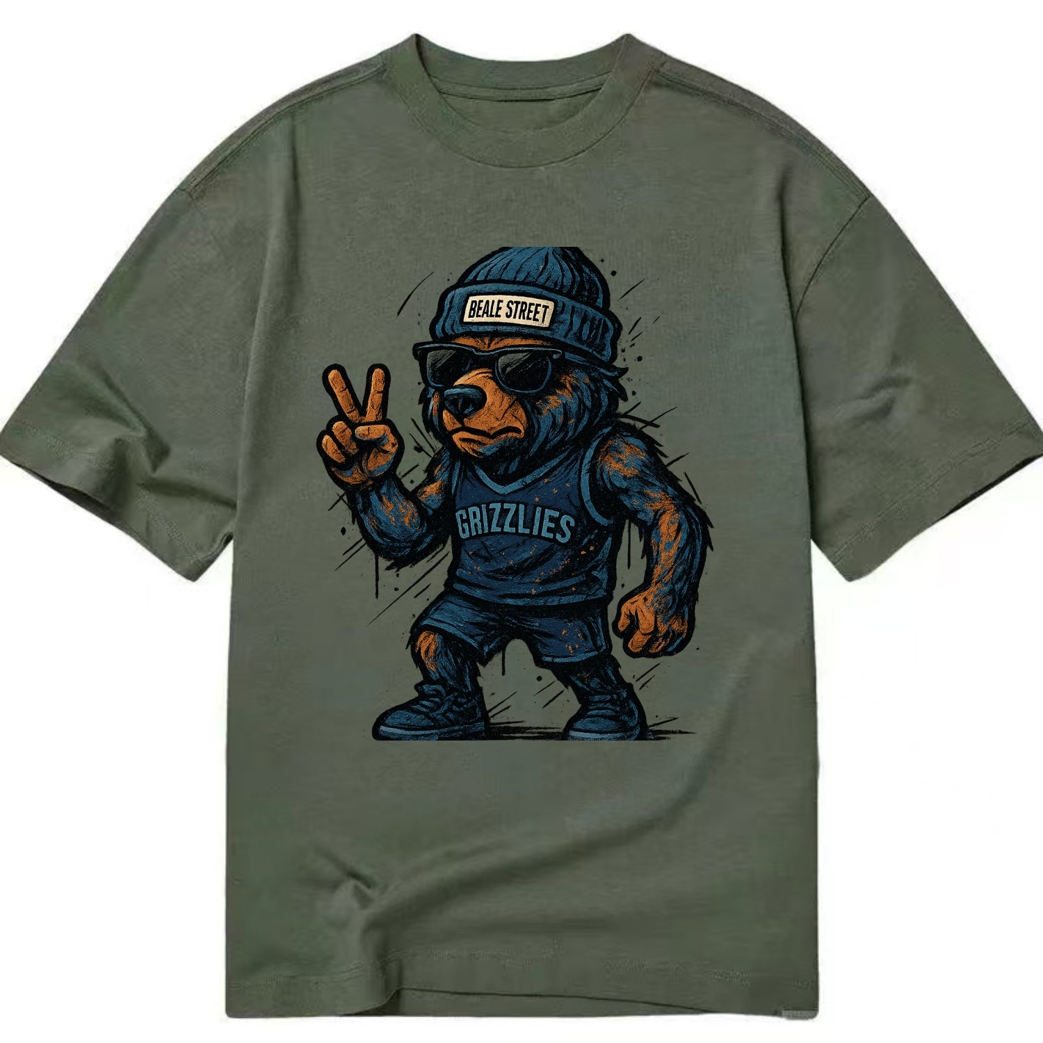 Memphis Grizzly Bear wearing Grizzlies navy and light blue beanie with Beale - Classic T-shirt - Army Green