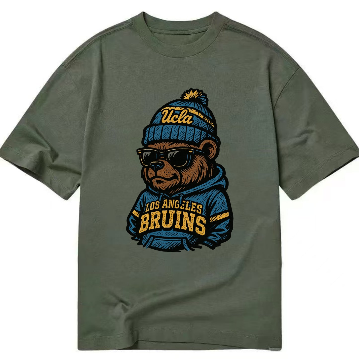 Los Angeles Bruin wearing UCLA beanie with script patch - Classic T-shirt - Army Green