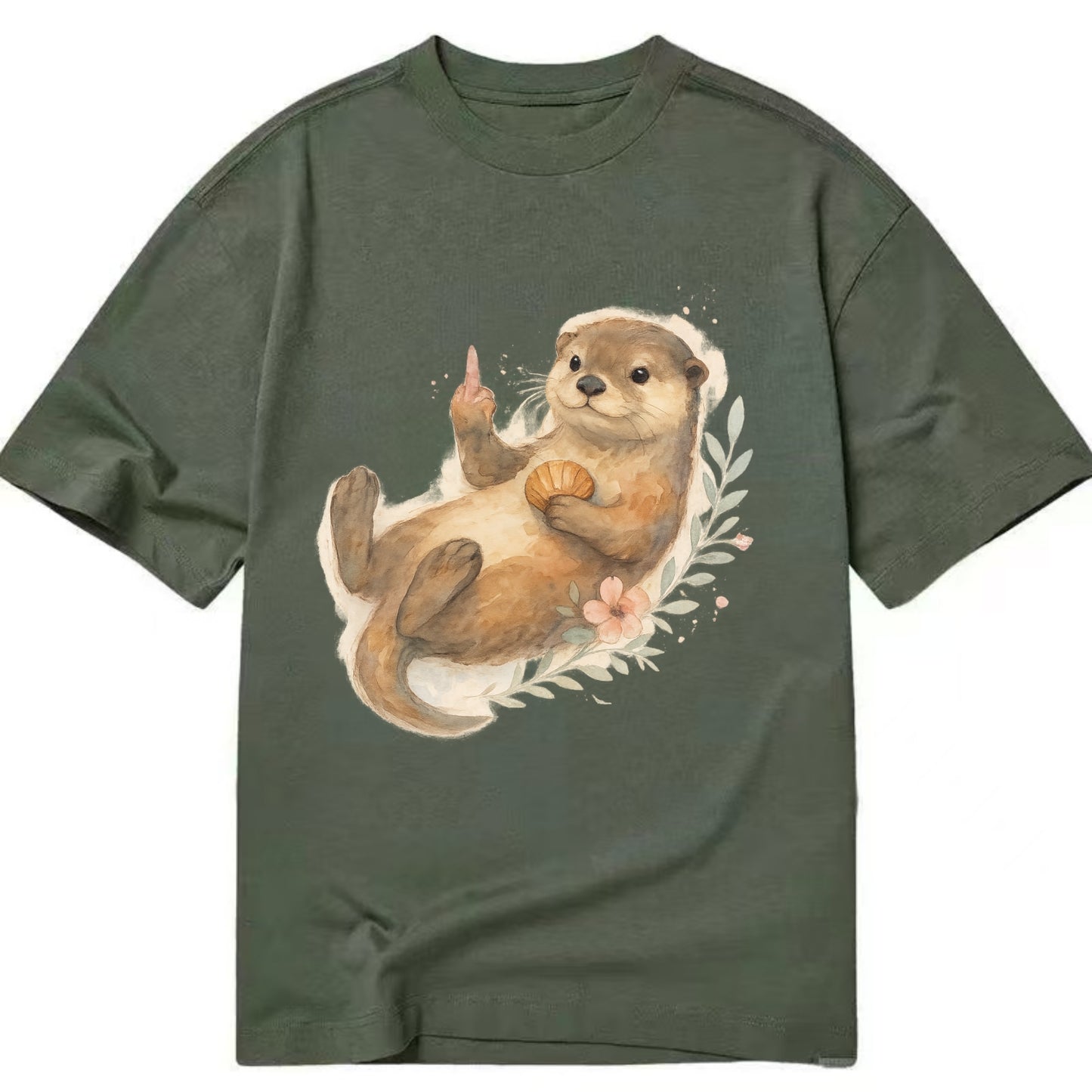 adorable otter floating on back, middle finger up while holding a shellfish - Classic T-shirt - Army Green