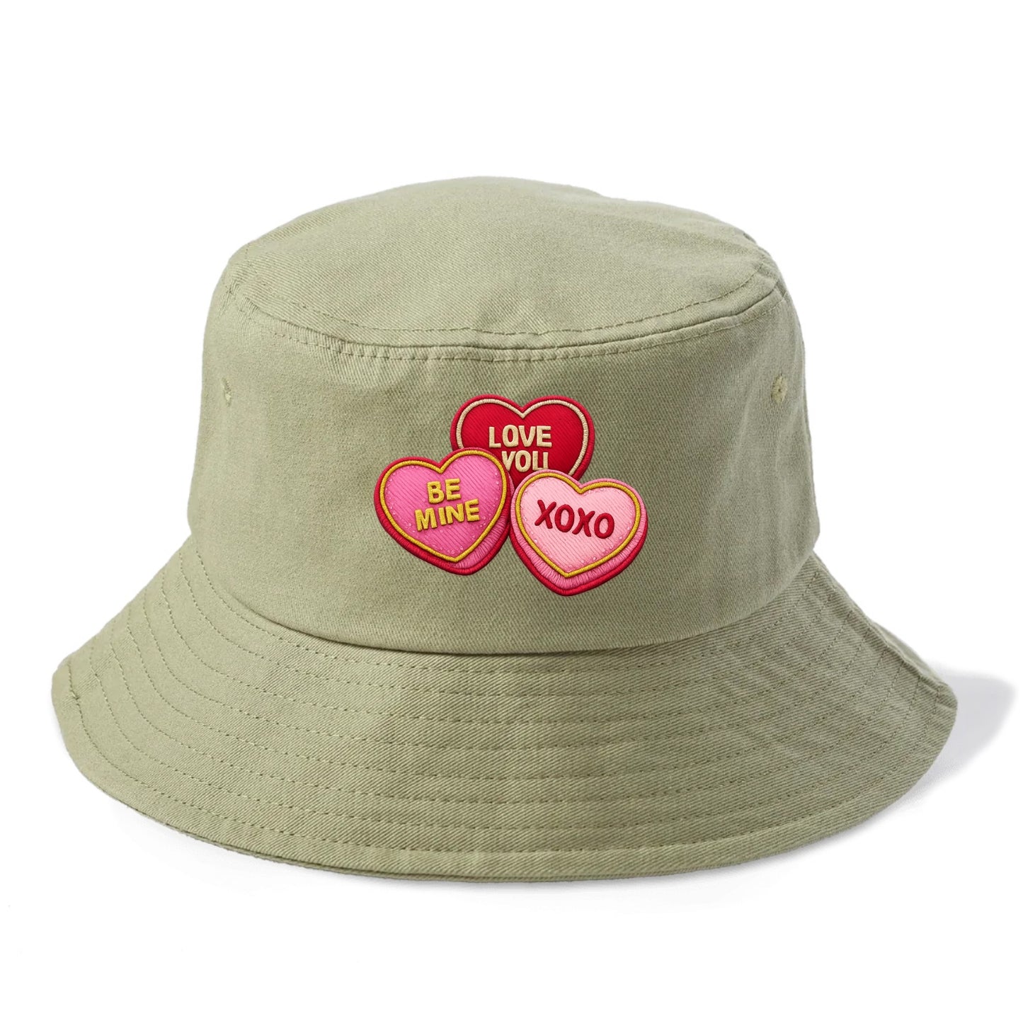 VALENTINES HEARTS - candy hearts in pink and red , love day - Bucket Hat - Army Green