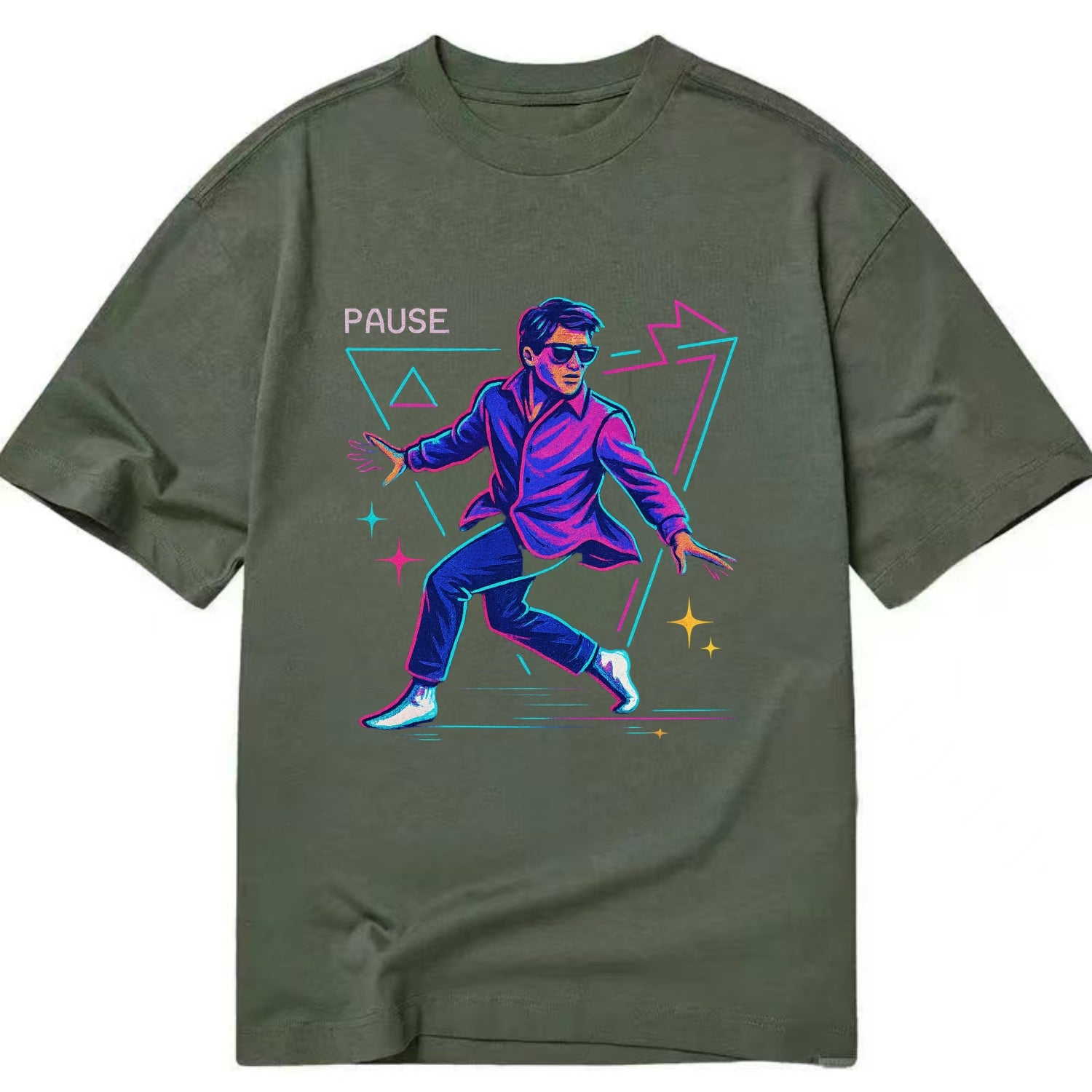 confident figure sliding across polished wooden floor in socks and sunglasses - Classic T-shirt - Army Green