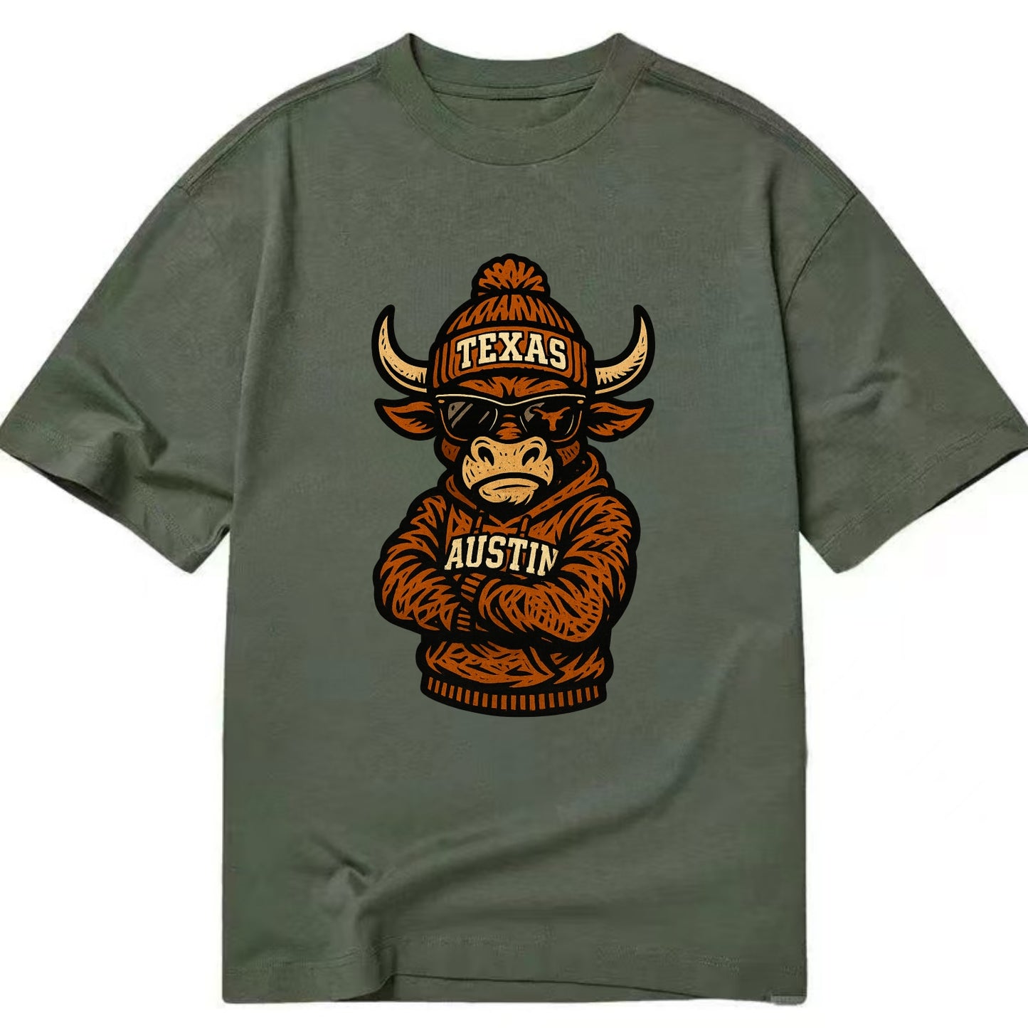 Austin Bevo wearing Texas beanie with longhorn patch - Classic T-shirt - Army Green