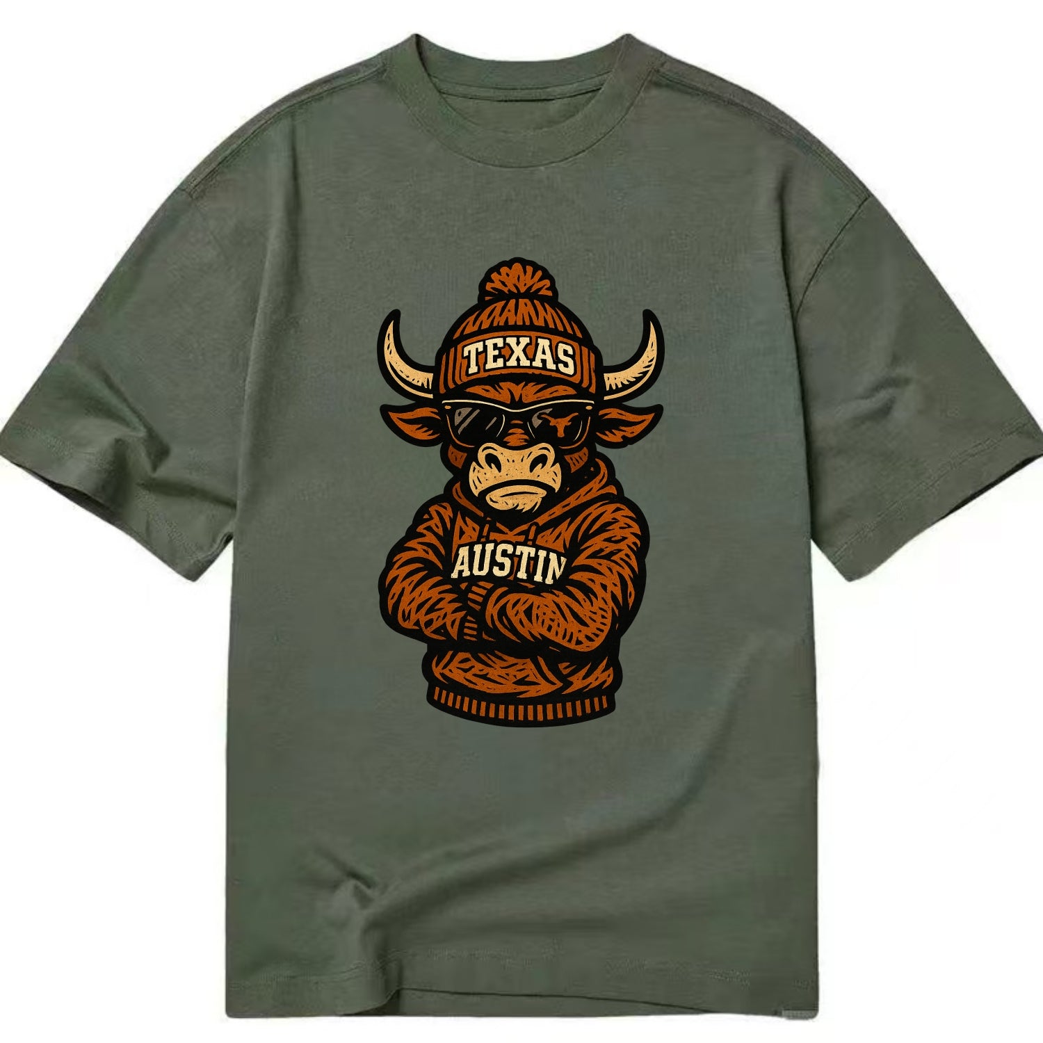 Austin Bevo wearing Texas beanie with longhorn patch - Classic T-shirt - Army Green