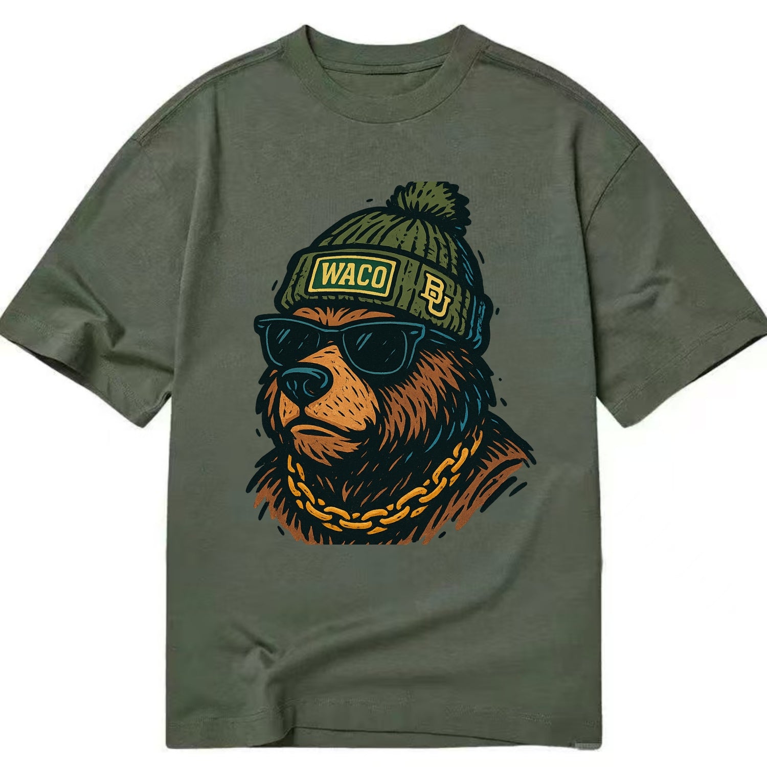 Waco Bear wearing Baylor beanie with BU patch - Classic T-shirt - Army Green