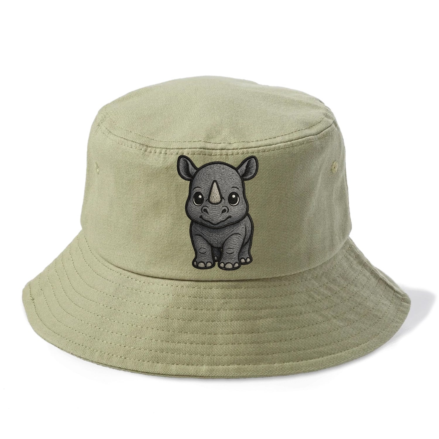 Baby Rhino - gray armor skin, tiny horn nub, round eyes, front-facing, tank baby - Bucket Hat - Army Green