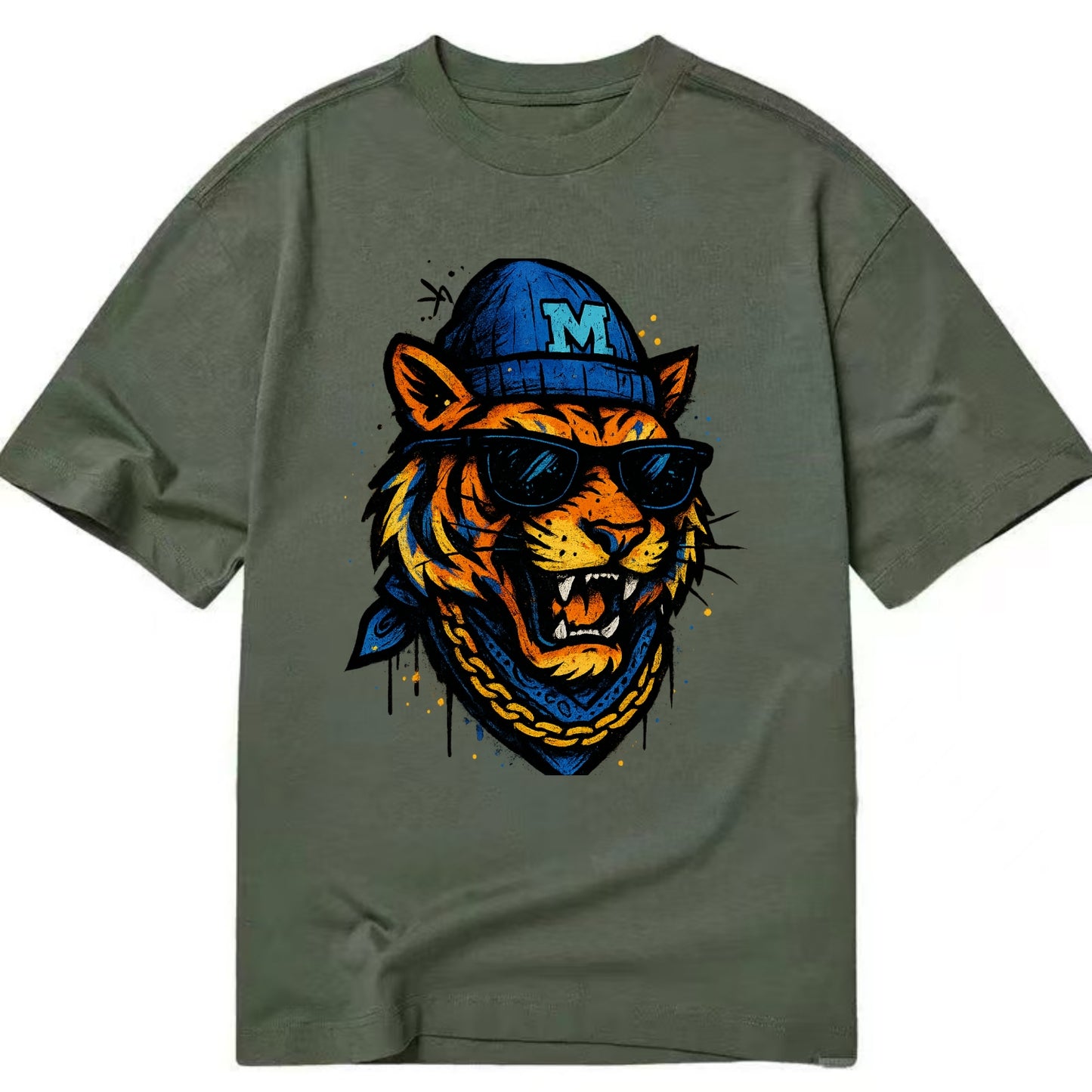 Memphis Tiger wearing Memphis beanie with M patch - Classic T-shirt - Army Green