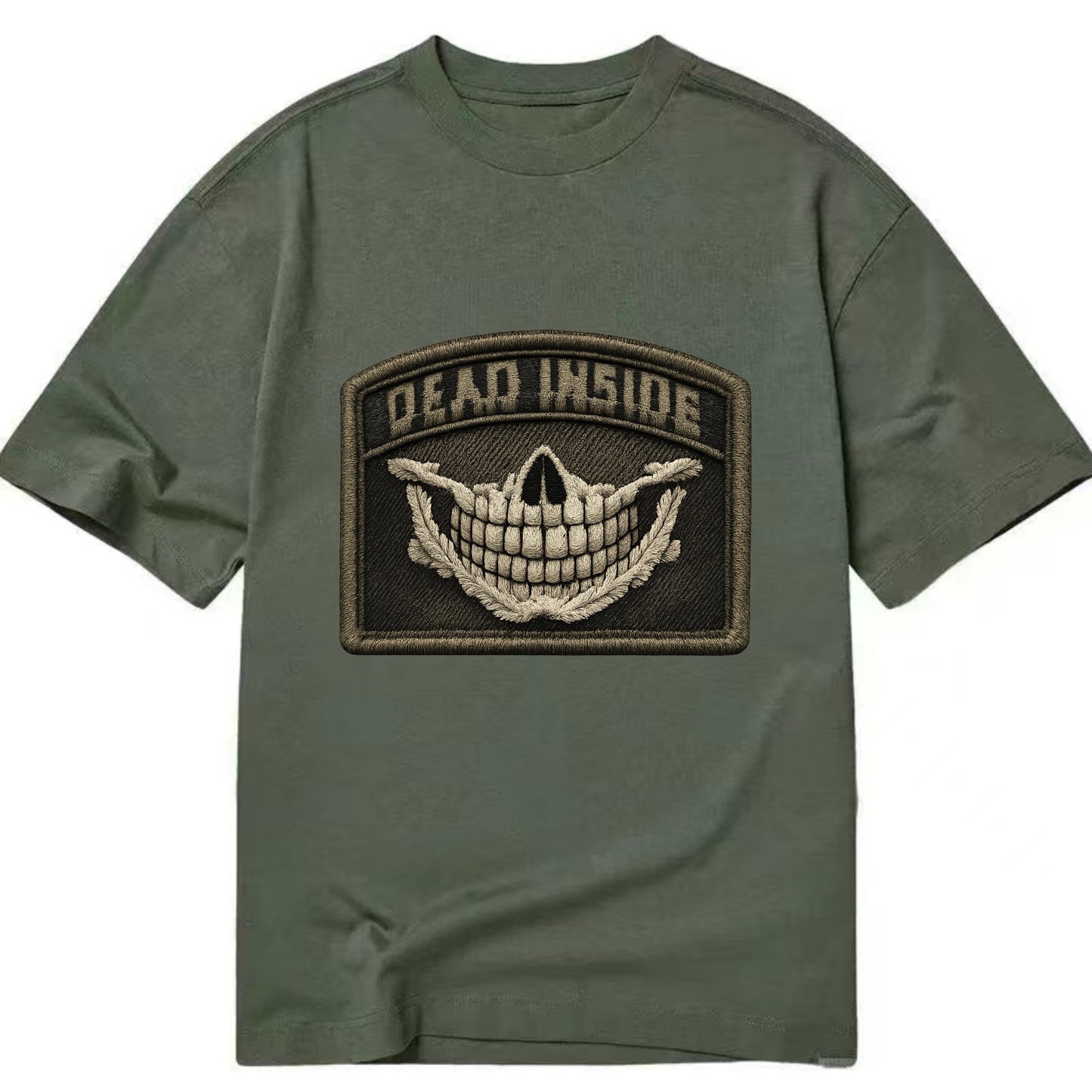 DEAD INSIDE SMILE - skeleton smile in white , dark humor - Classic T-shirt - Army Green
