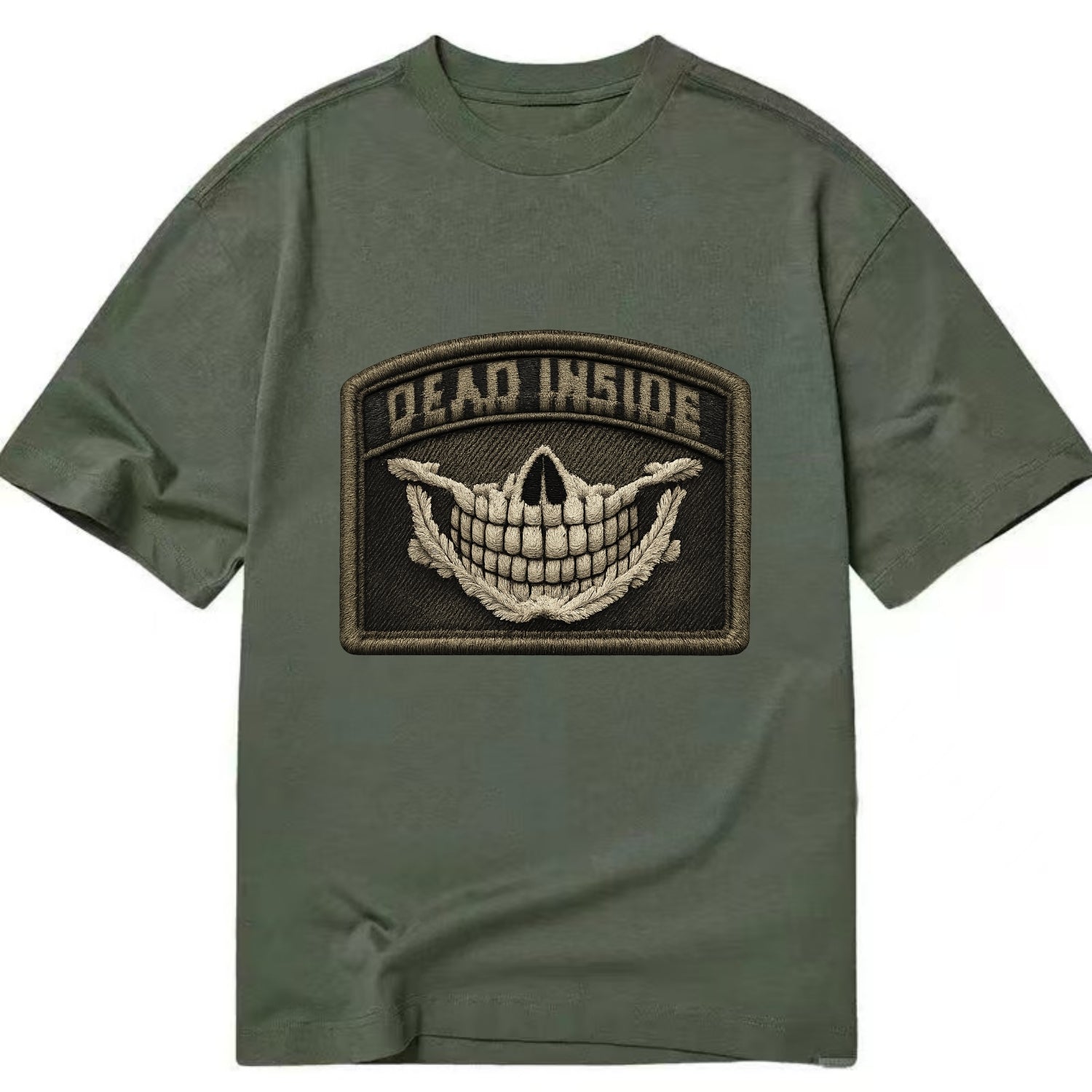 DEAD INSIDE SMILE - skeleton smile in white , dark humor - Classic T-shirt - Army Green
