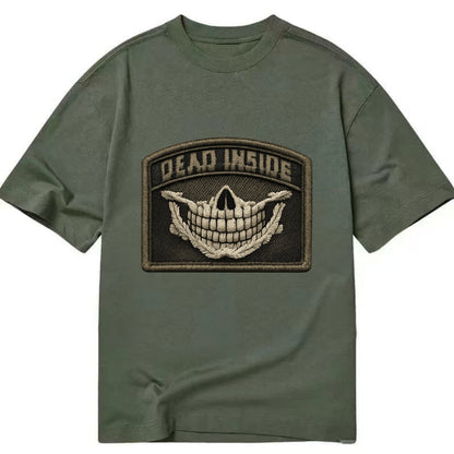 DEAD INSIDE SMILE - skeleton smile in white , dark humor - Classic T-shirt - Army Green