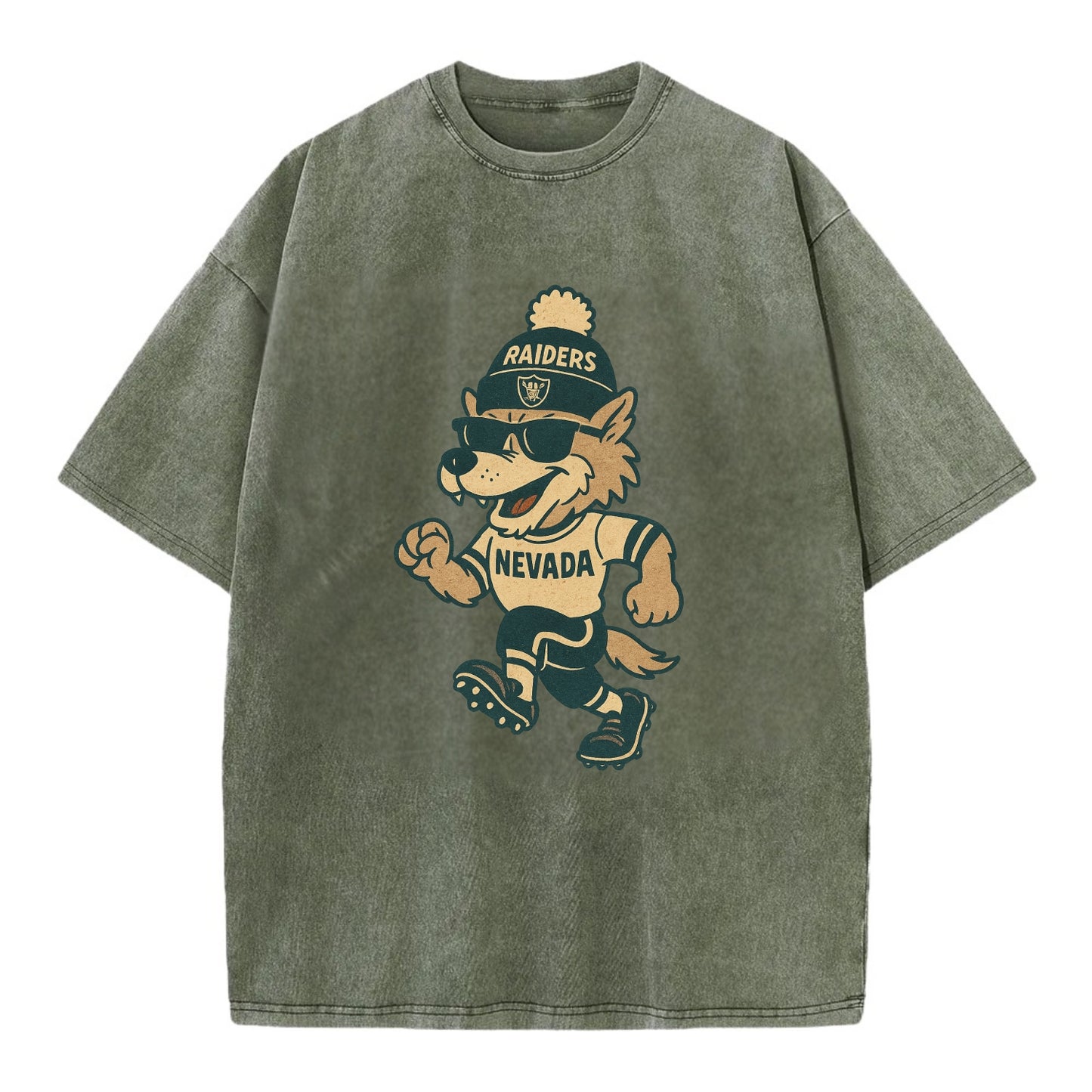 Nevada Wolf wearing Raiders beanie with outlaw patch and wayfarer sunglasses - Vintage T-shirt - Army Green