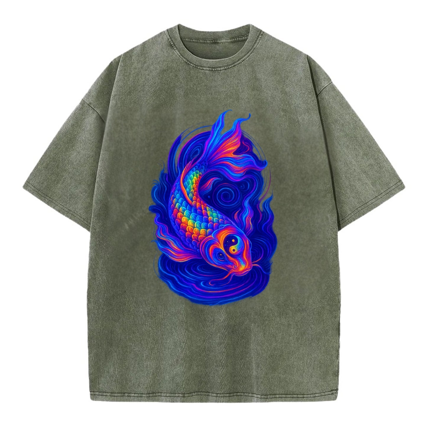 Sacred koi with scales reflecting rainbow prisms, yin-yang patterns in cosmic - Vintage T-shirt - Army Green