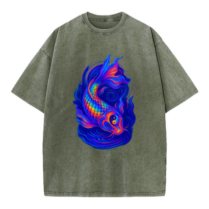 Sacred koi with scales reflecting rainbow prisms, yin-yang patterns in cosmic - Vintage T-shirt - Army Green