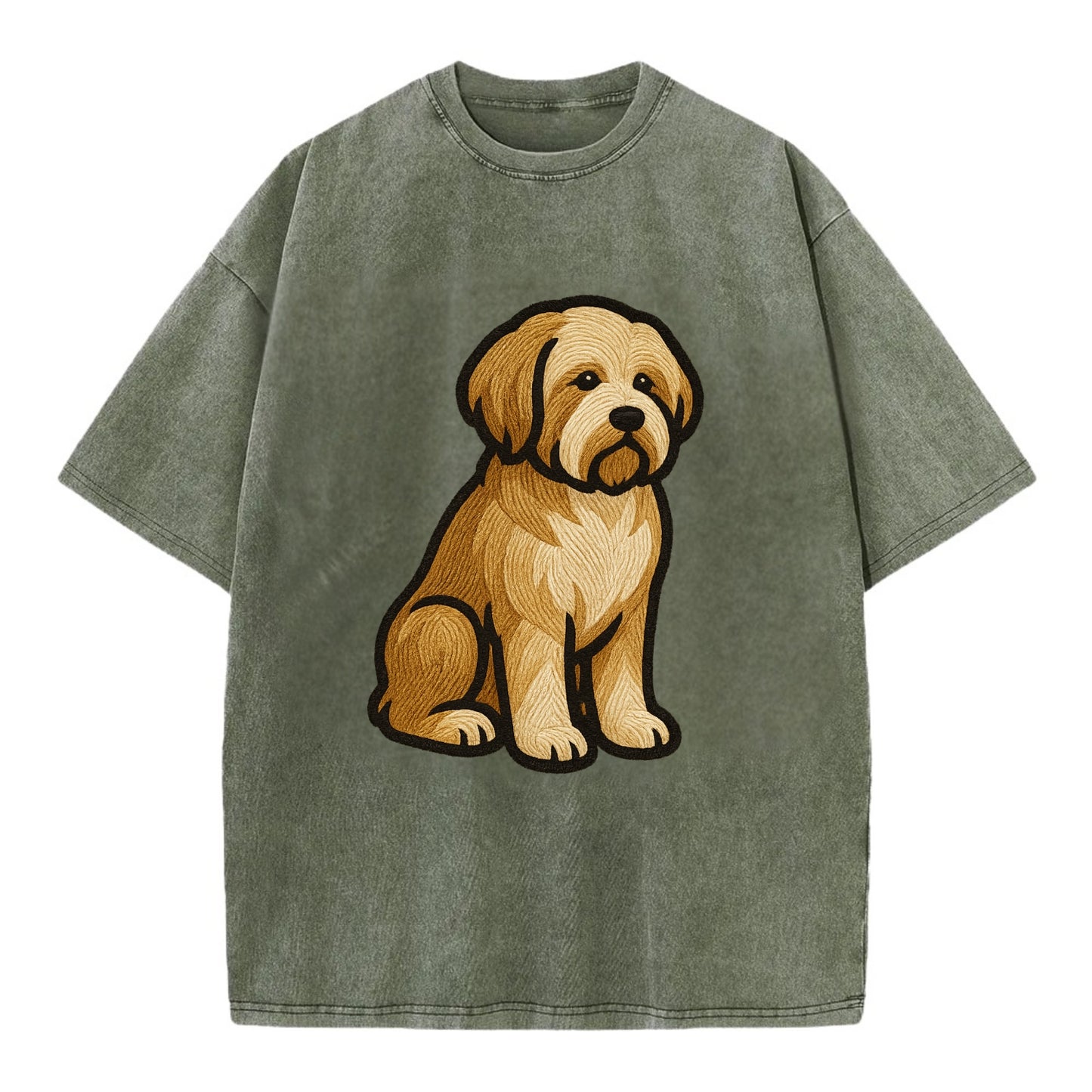 Tibetan Terrier - Gold and white embroidered sitting pose - Vintage T-shirt - Army Green