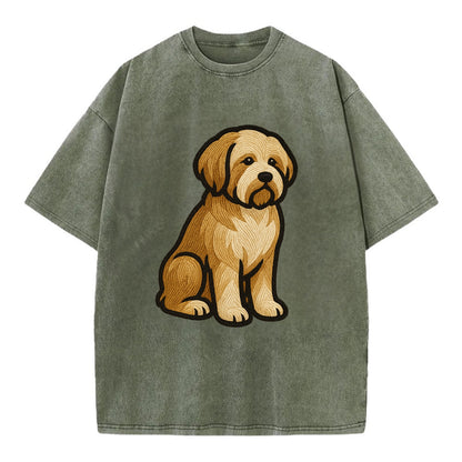 Tibetan Terrier - Gold and white embroidered sitting pose - Vintage T-shirt - Army Green