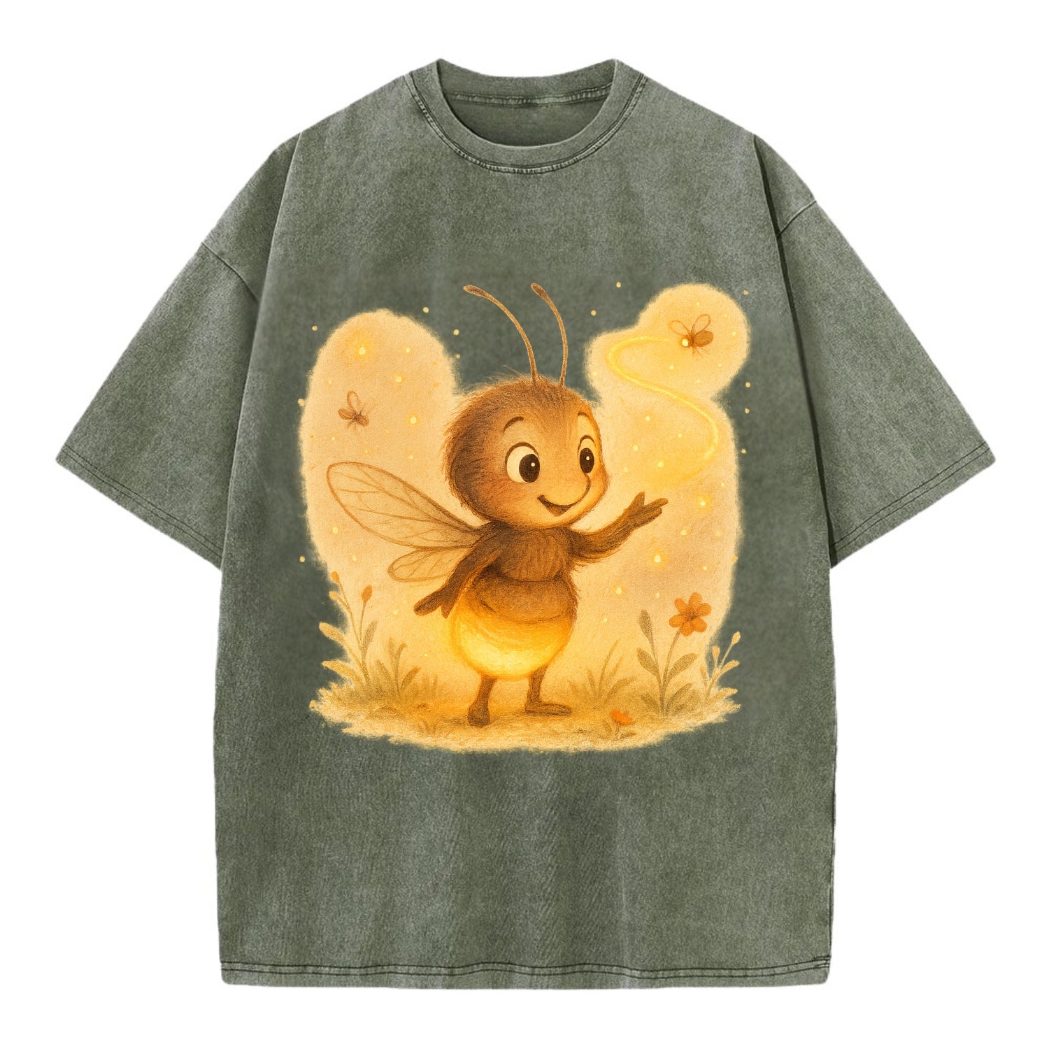 Firefly choreographer arranging synchronized light patterns over a meadow stage - Vintage T-shirt - Army Green