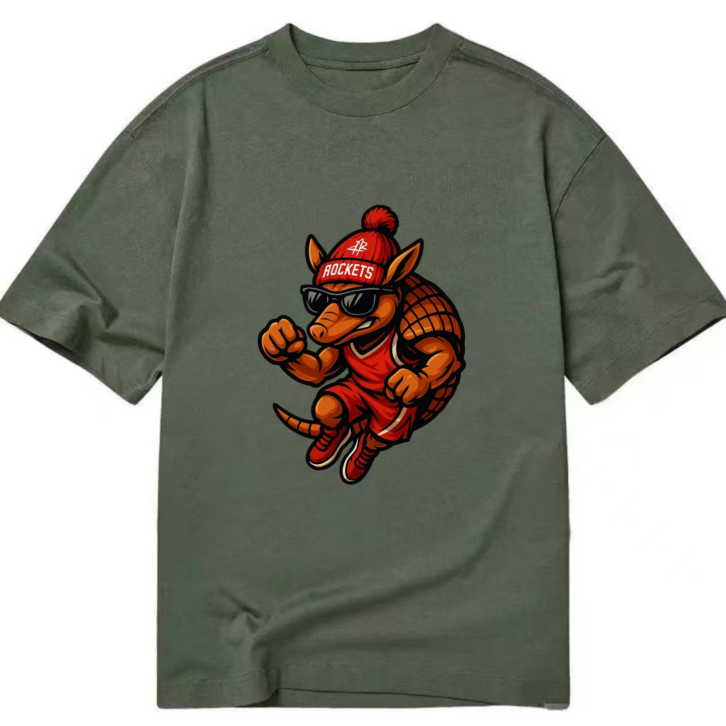 Houston Armadillo wearing Rockets red and silver beanie with rocket ship and - Classic T-shirt - Army Green