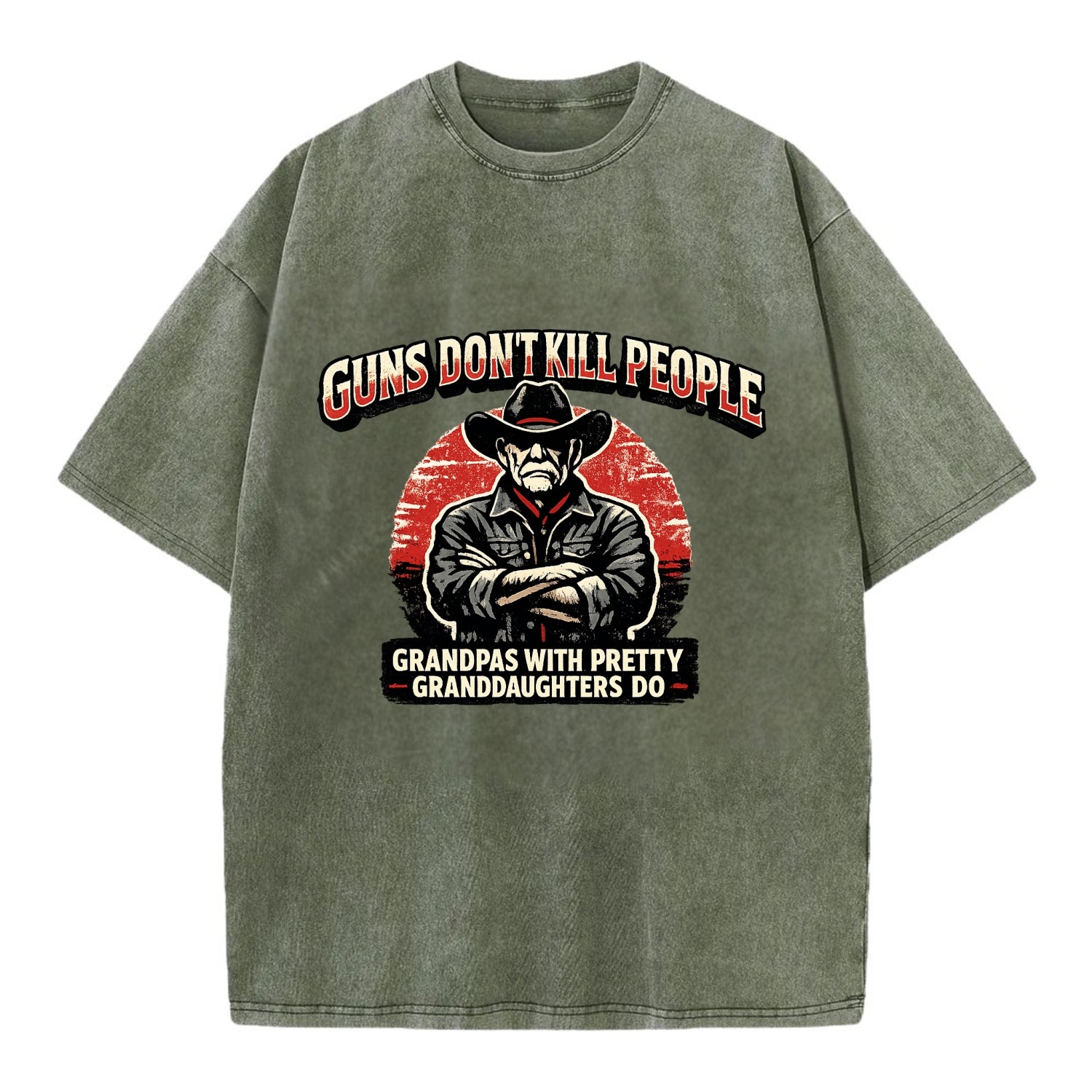 Grandpas Pretty Granddaughters - Cowboy - Vintage T-shirt - Army Green