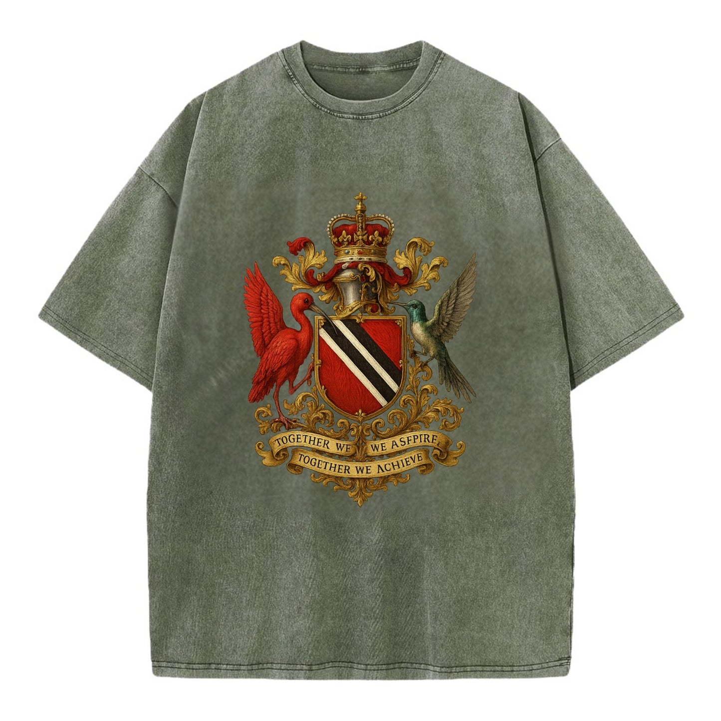 Trinidad Scarlet Ibis Emblem  - Vintage T-shirt - Army Green
