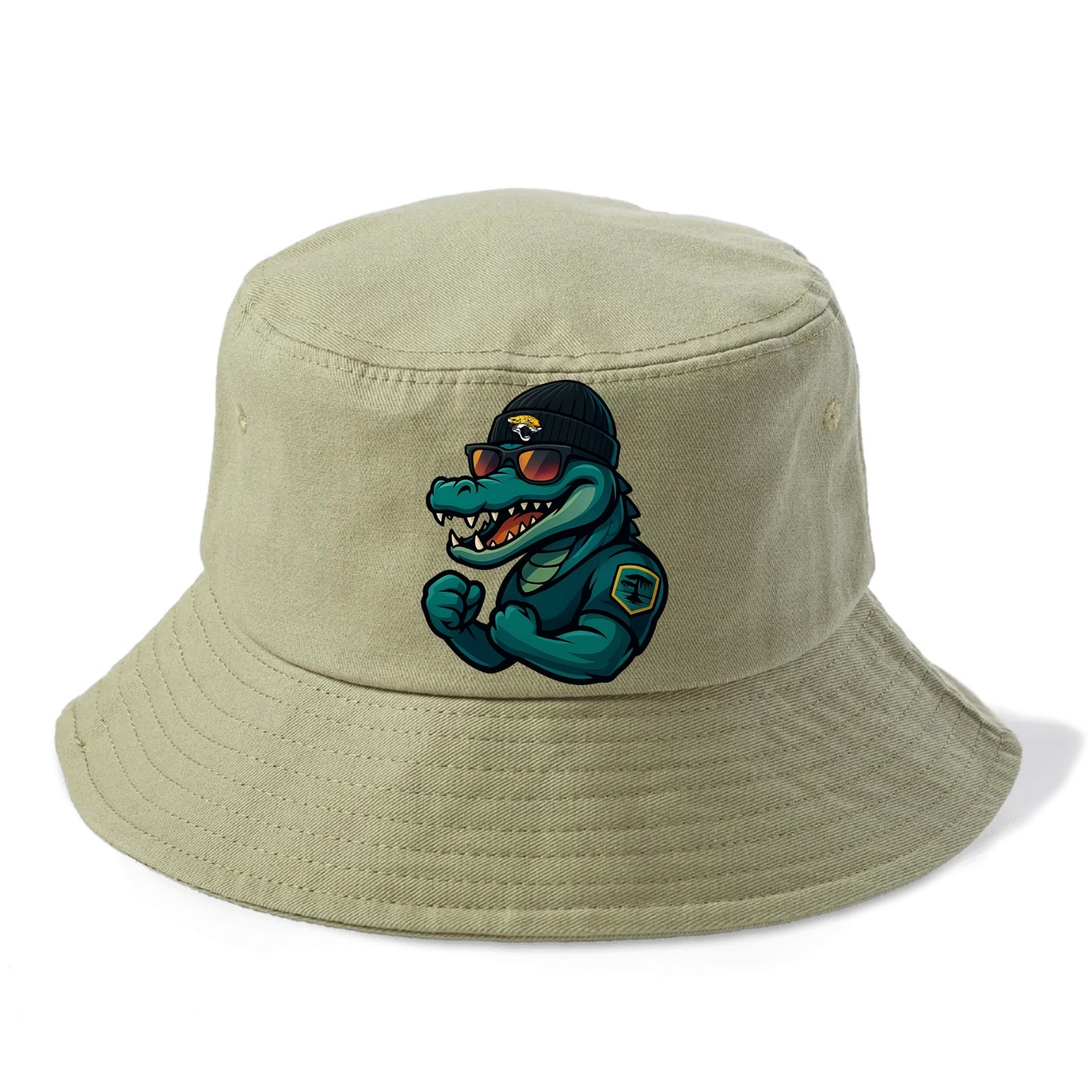 Jacksonville Alligator wearing Jaguars beanie with swamp patch and wayfarer sunglasses - Bucket Hat - Army Green