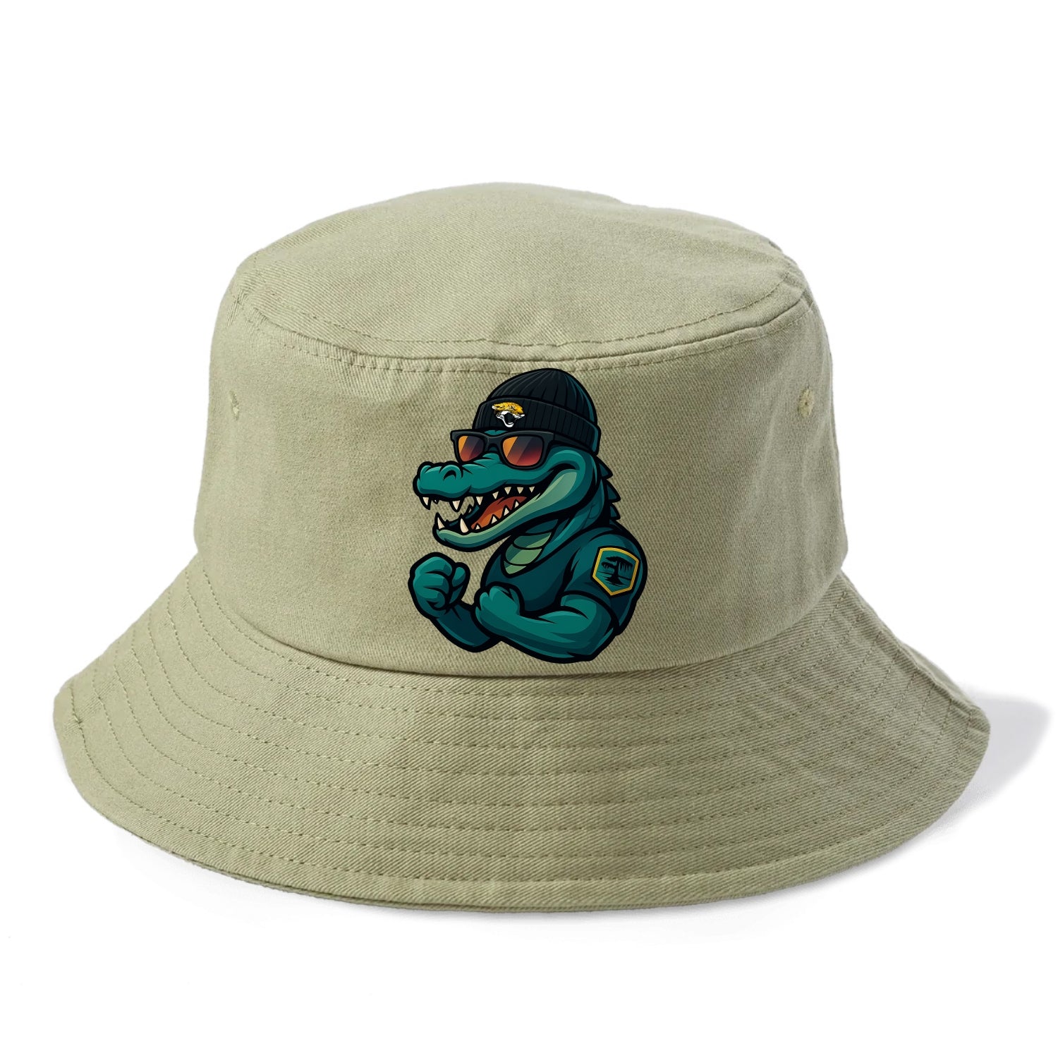 Jacksonville Alligator wearing Jaguars beanie with swamp patch and wayfarer sunglasses - Bucket Hat - Army Green