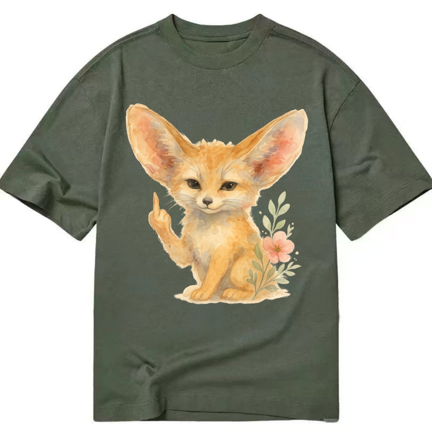 tiny fennec fox with oversized ears, one small paw raised in sass - Classic T-shirt - Army Green