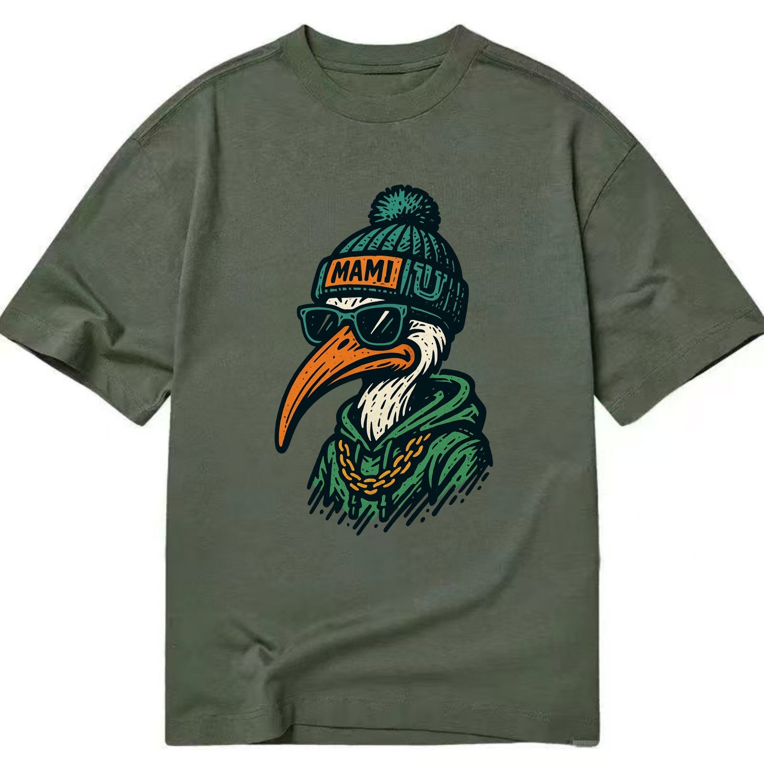 Coral Gables Ibis wearing Miami beanie with U patch - Classic T-shirt - Army Green