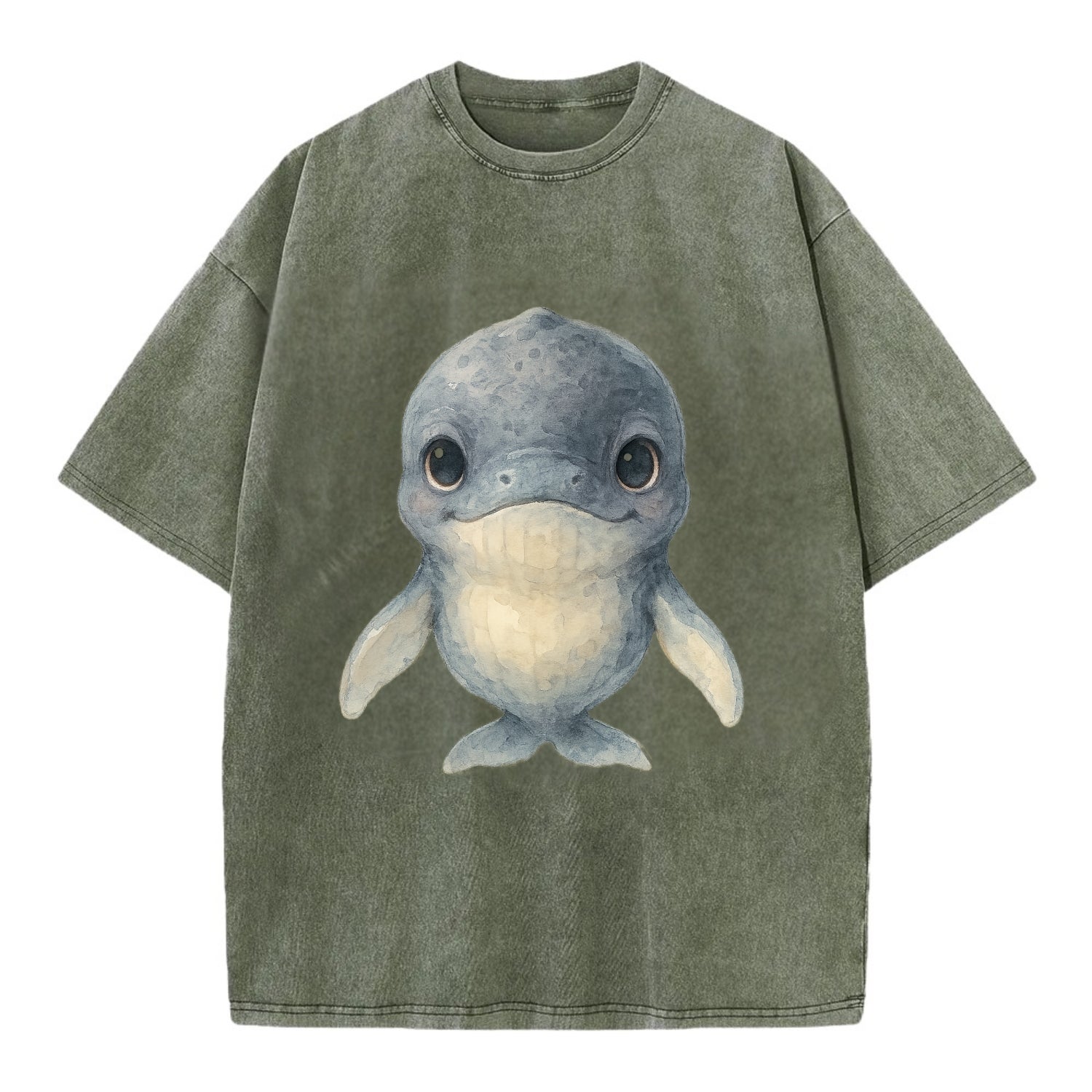 Baby Humpback Whale - dark gray with white flippers, large gentle eyes, - Vintage T-shirt - Army Green