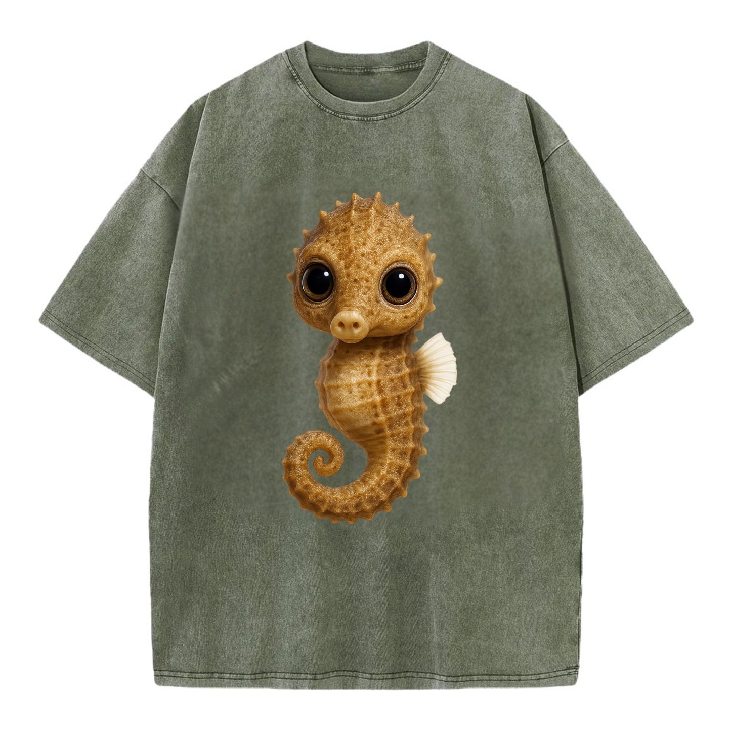 Baby Seahorse - curled tail, snout, large eyes, front-facing, delicate and cute - Vintage T-shirt - Army Green