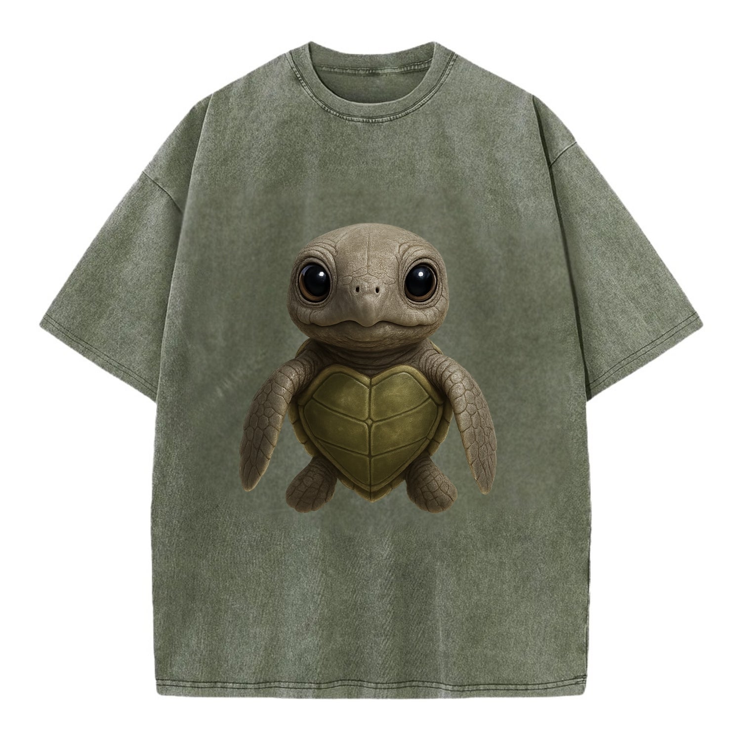 Baby Olive Ridley Turtle - olive green shell, heart-shaped carapace, bright eyes, - Vintage T-shirt - Army Green