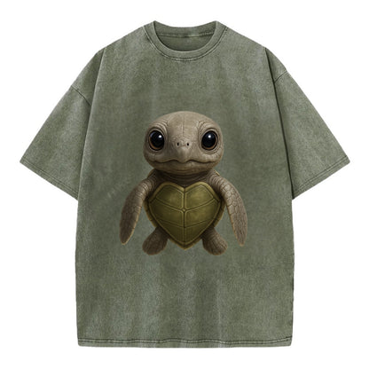 Baby Olive Ridley Turtle - olive green shell, heart-shaped carapace, bright eyes, - Vintage T-shirt - Army Green