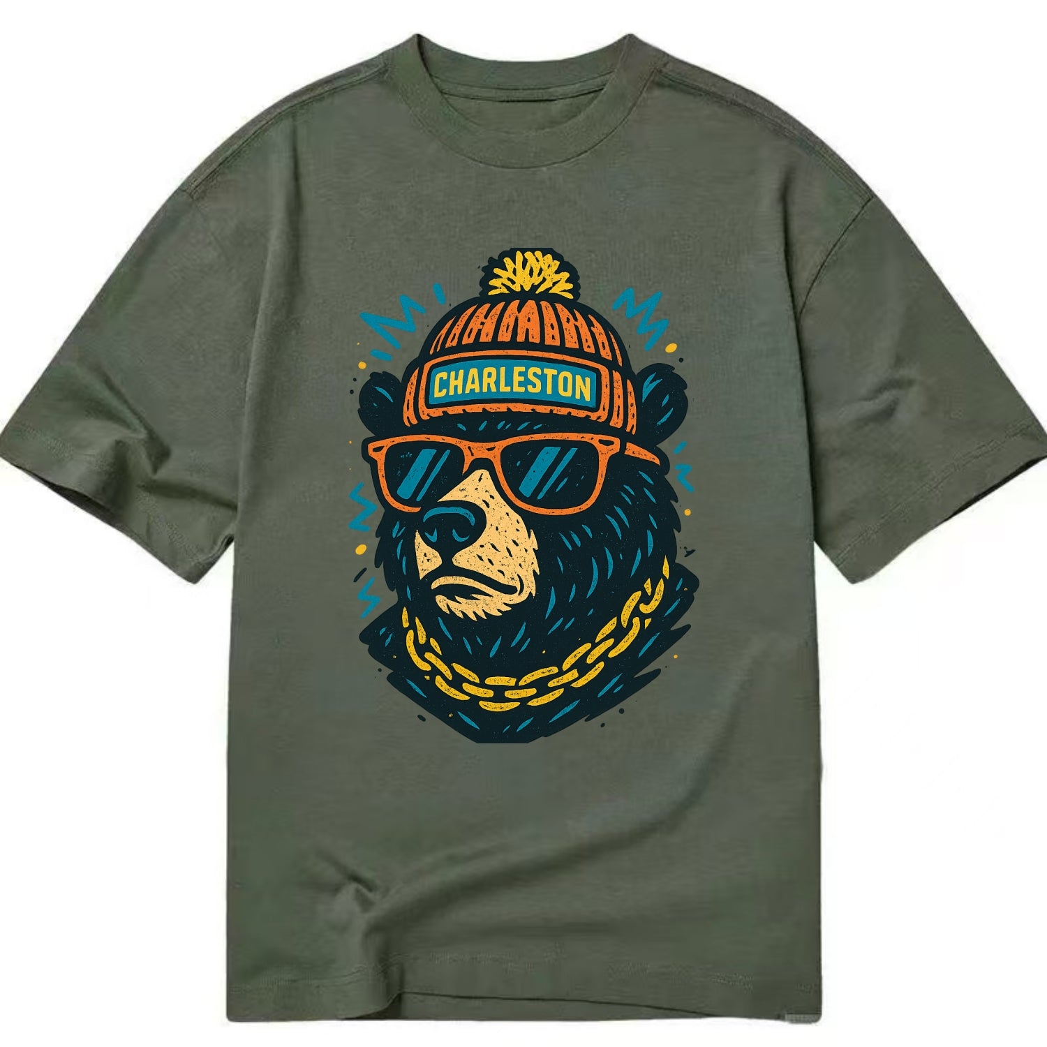 West Virginia Black Bear wearing Charleston beanie with pom pom and wayfarer - Classic T-shirt - Army Green