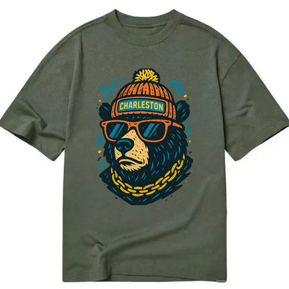 West Virginia Black Bear wearing Charleston beanie with pom pom and wayfarer - Classic T-shirt - Army Green