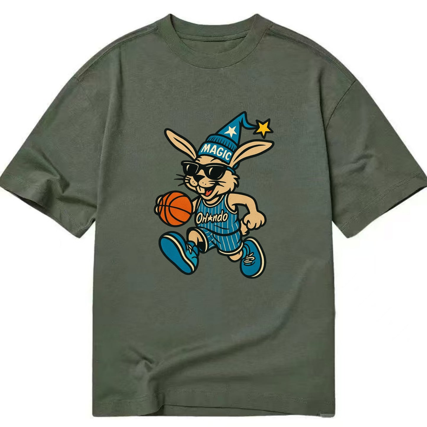 Orlando Rabbit wearing Magic blue and silver beanie with wizard hat and wayfarer - Classic T-shirt - Army Green