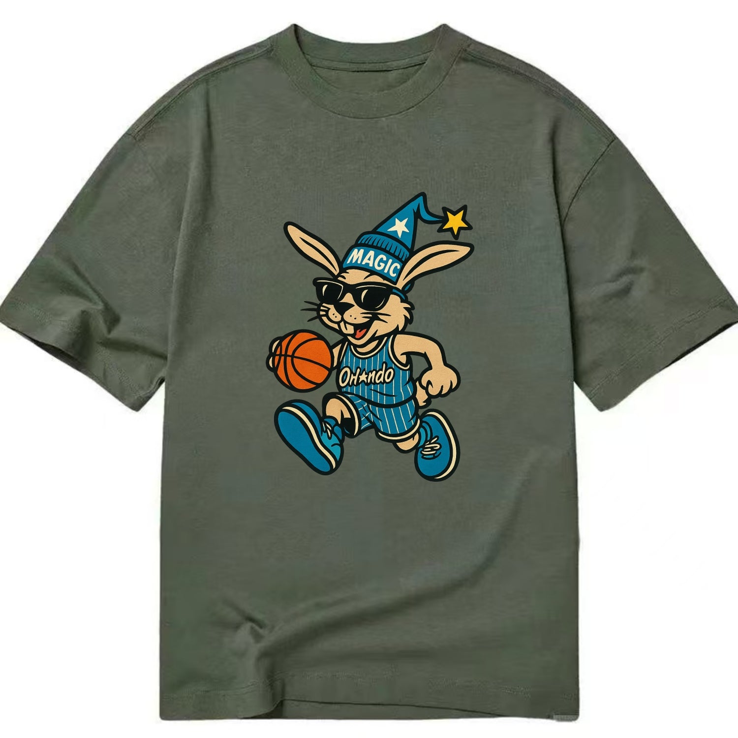 Orlando Rabbit wearing Magic blue and silver beanie with wizard hat and wayfarer - Classic T-shirt - Army Green