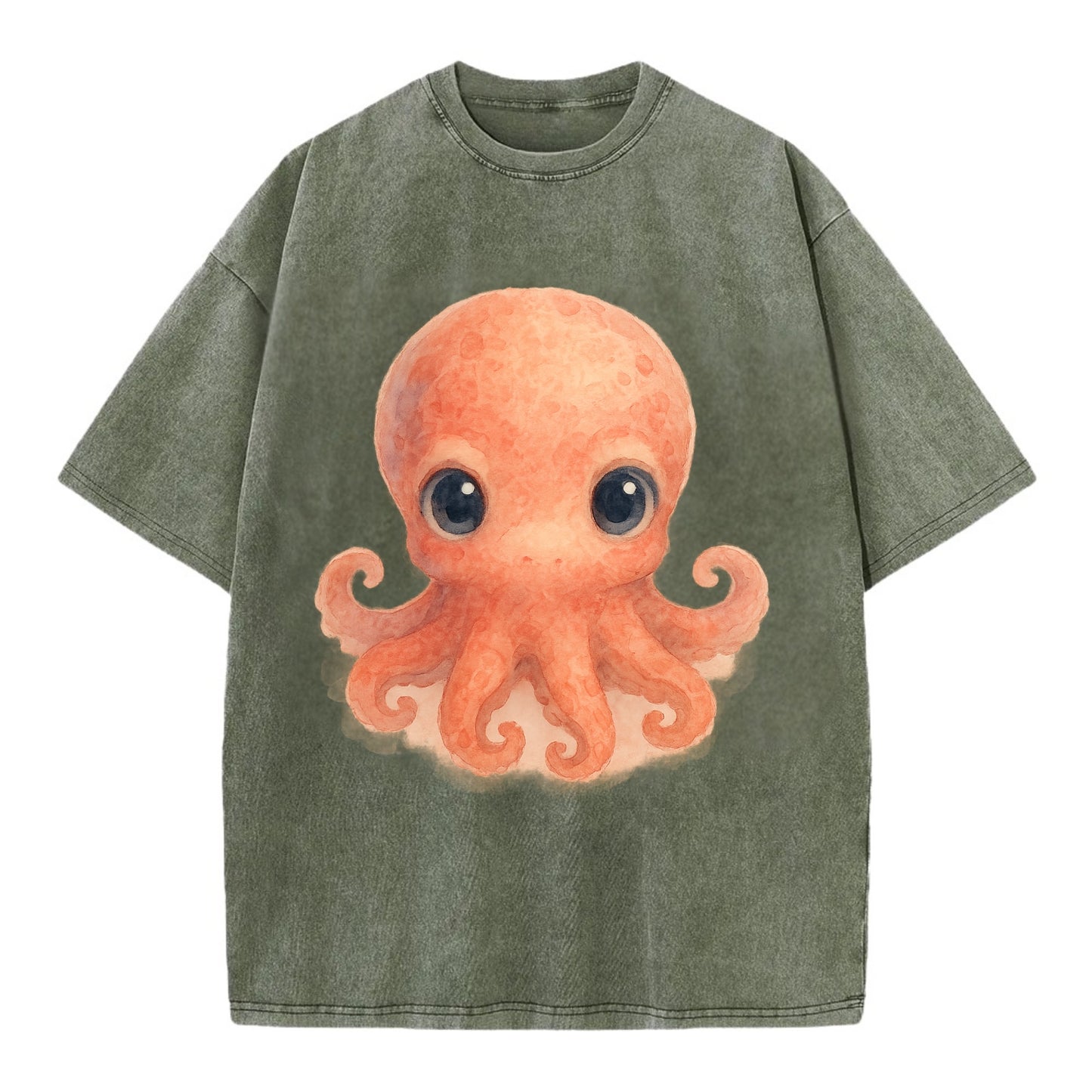 Baby Octopus - red-orange, eight tiny tentacles curled, large intelligent eyes, - Vintage T-shirt - Army Green