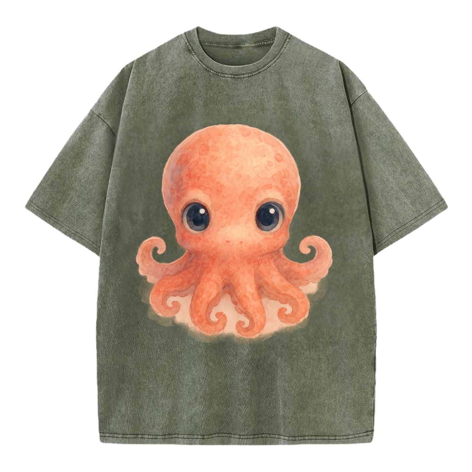 Baby Octopus - red-orange, eight tiny tentacles curled, large intelligent eyes, - Vintage T-shirt - Army Green