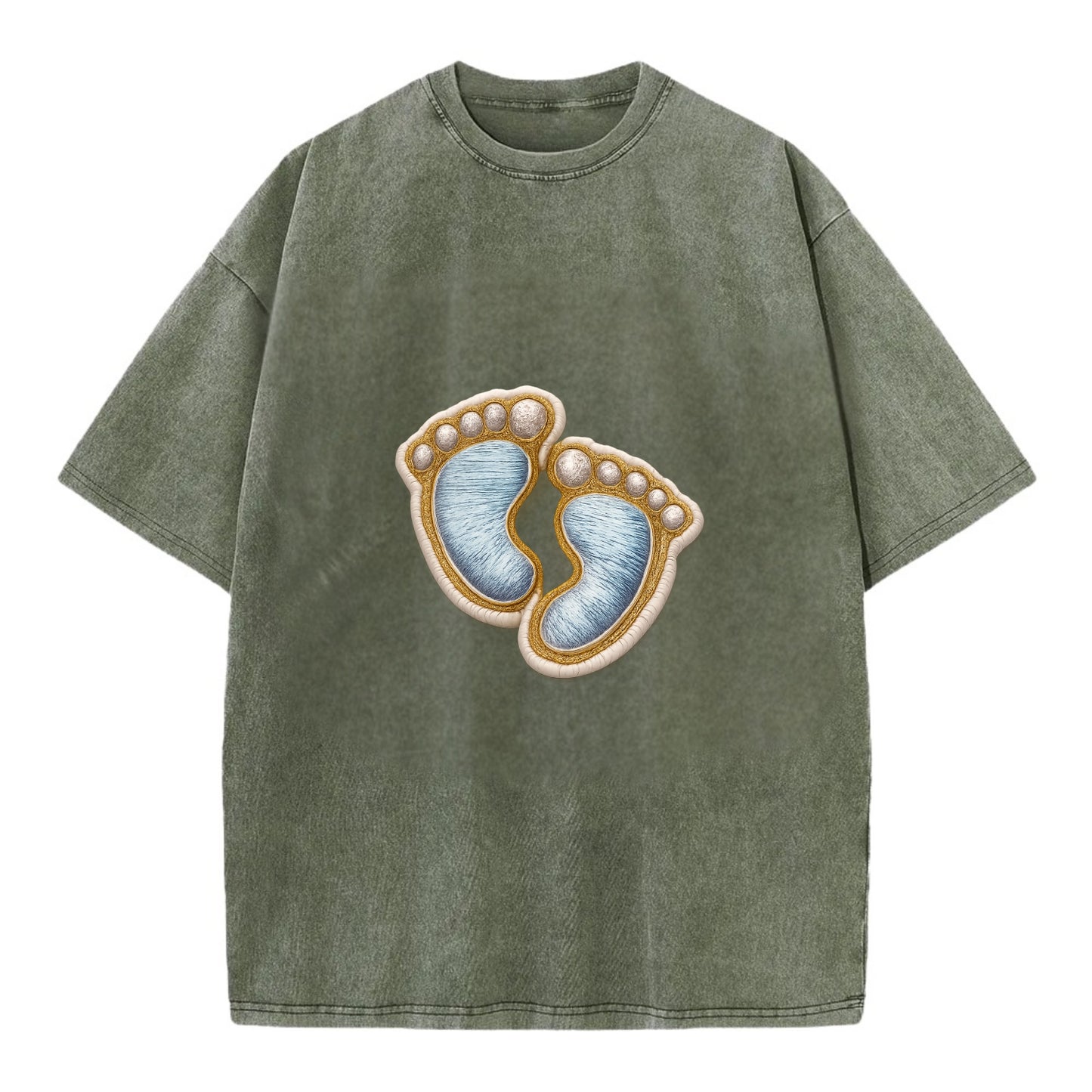 BABY FOOTPRINTS - tiny feet in pink or blue , newborn - Vintage T-shirt - Army Green
